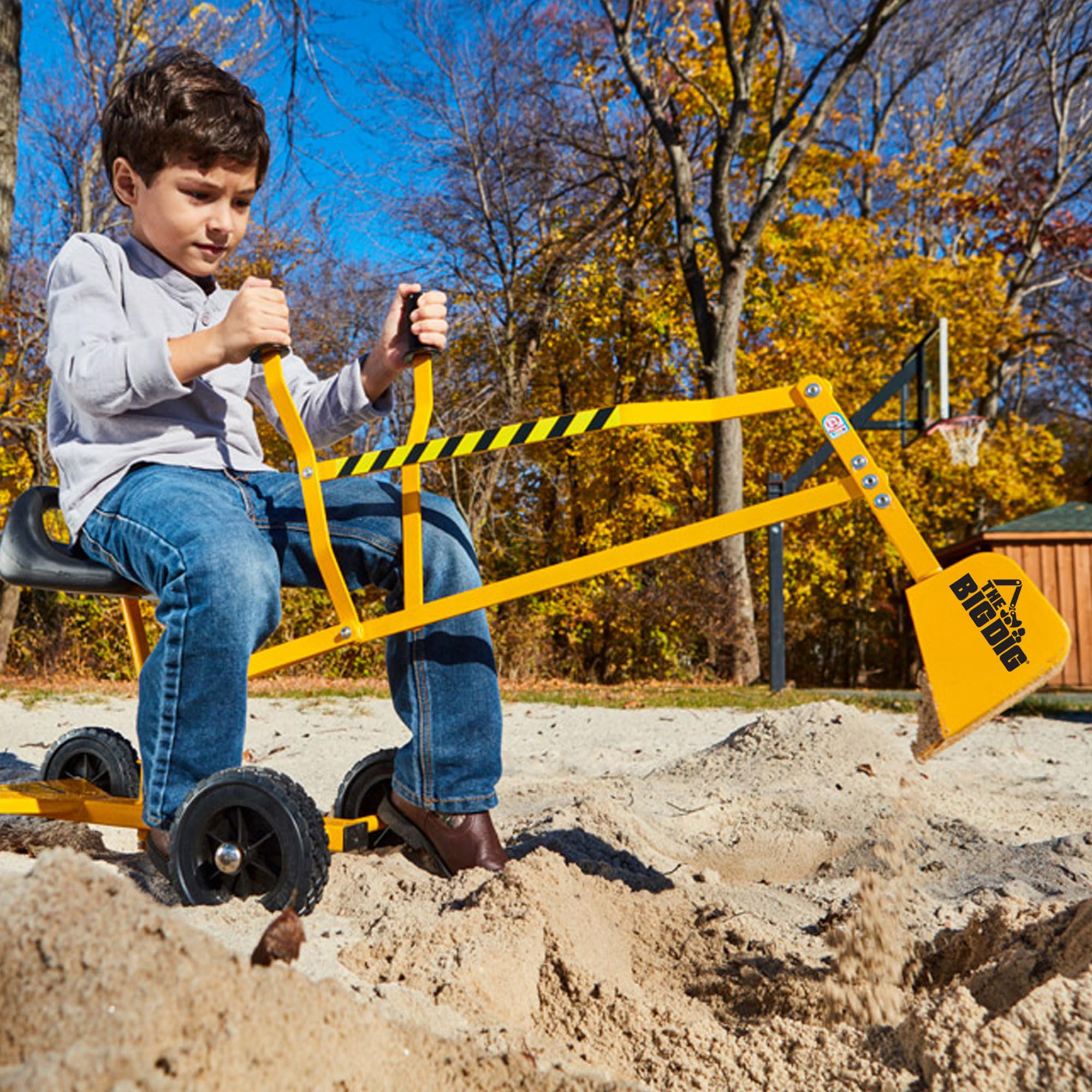 Big Dig Toy Excavator Ride, Sand Digger w/ 360 Rotation Base for Kids Ages 3 & Up, Yellow - Outdoor Playground and Beach Construction Riding Toys for Children