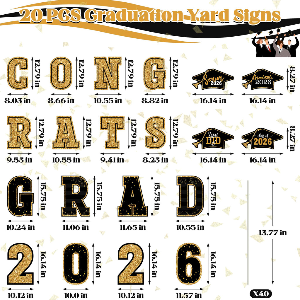 HOVACY 20 PCS Black Gold Graduation Yard Signs Class of 2026 | Black Gold 20 PCS, 40 Stakes, 11.57 x 16.14 in, Corrugated Plastic, Waterproof, Congrats Grad Sign, Graduation Sign