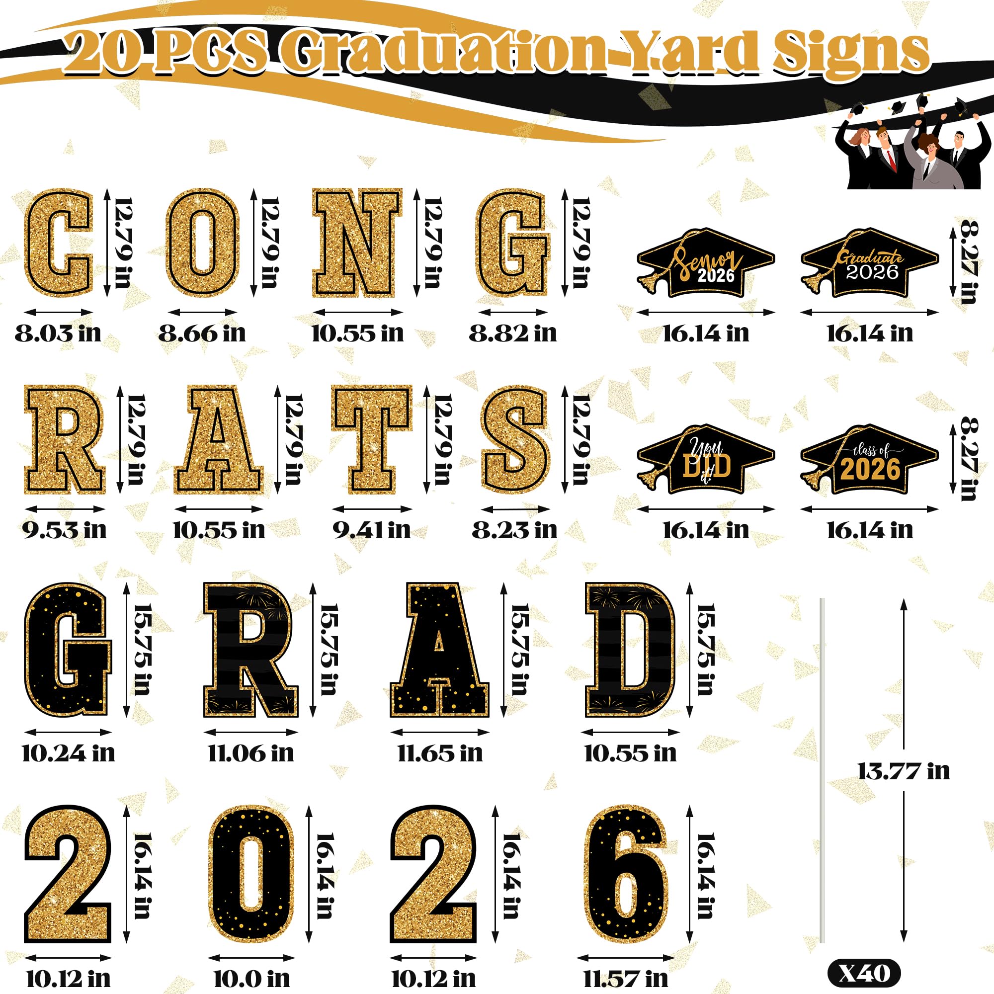 HOVACY 20 PCS Black Gold Graduation Yard Signs Class of 2026 | Black Gold 20 PCS, 40 Stakes, 11.57 x 16.14 in, Corrugated Plastic, Waterproof, Congrats Grad Sign, Graduation Sign