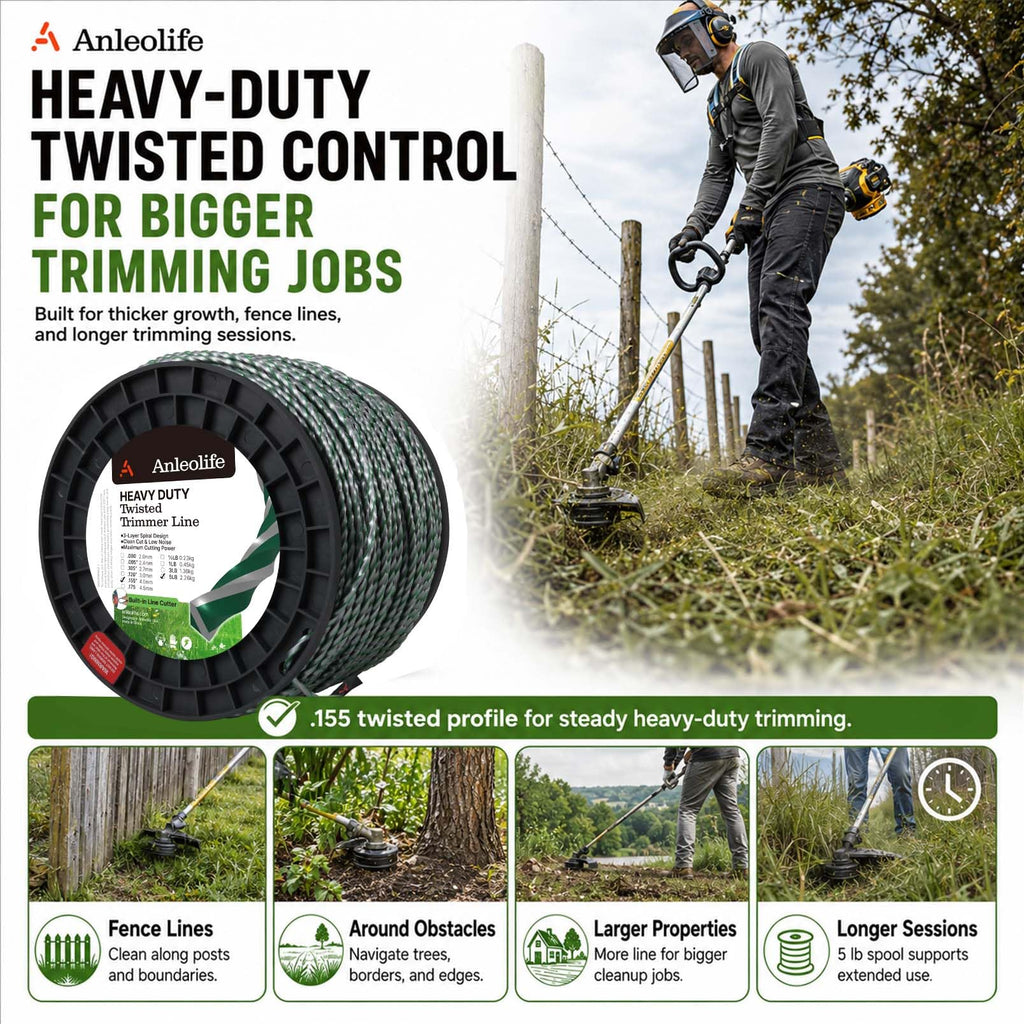 A Anleolife 1-Pound Heavy Duty Sawtooth 140-mil-by-108-ft Dual Core String Serrated Trimmer Line Donut for Walk Behind Wheeled Mowers with Built-in Line Cutter