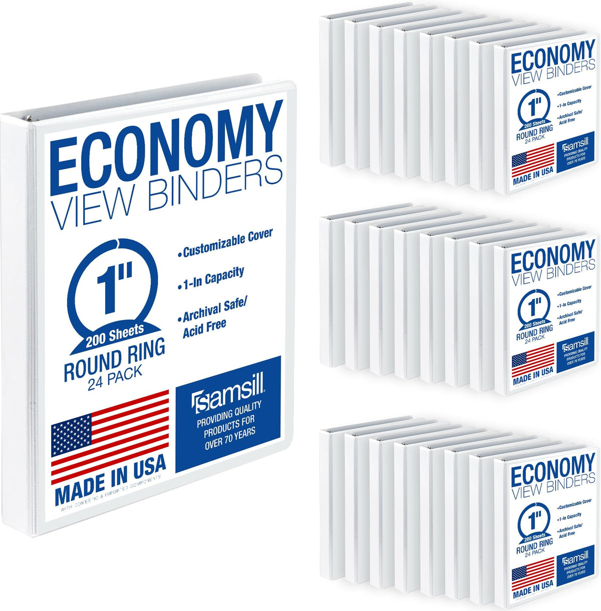 Samsill 1 Inch 3 Ring Binders, Economy Round Ring, Clear View Cover, 200 Sheet Capacity - for School, Home, Office - Blue, 4 Pack