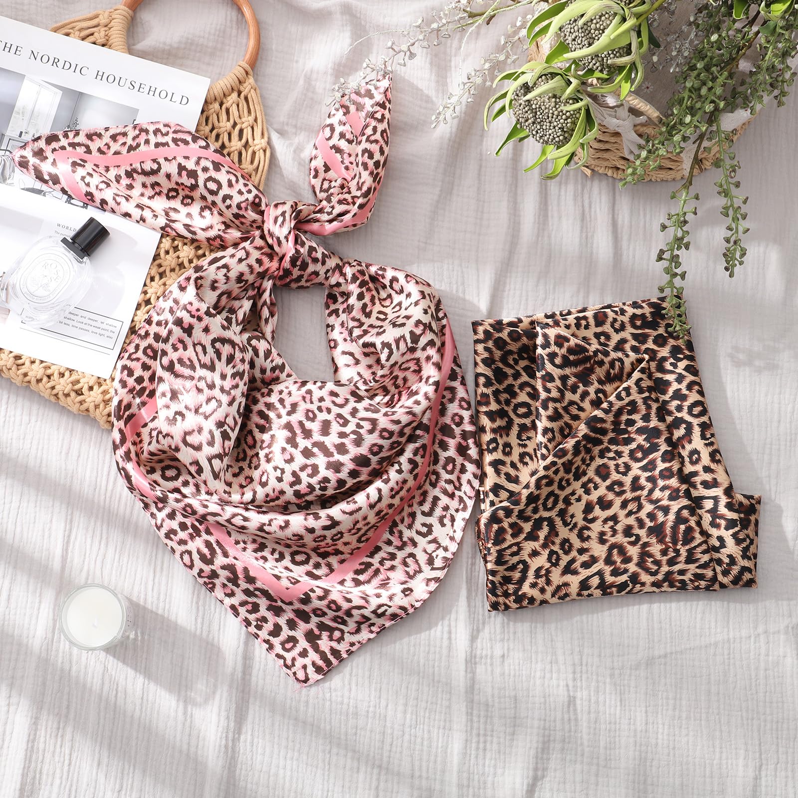 AWAYTR 35” Large Satin Square Head Scarf - 2Pcs Silk Like Floral Head Scarves Square Satin Hair Scarf Bandanas for Women
