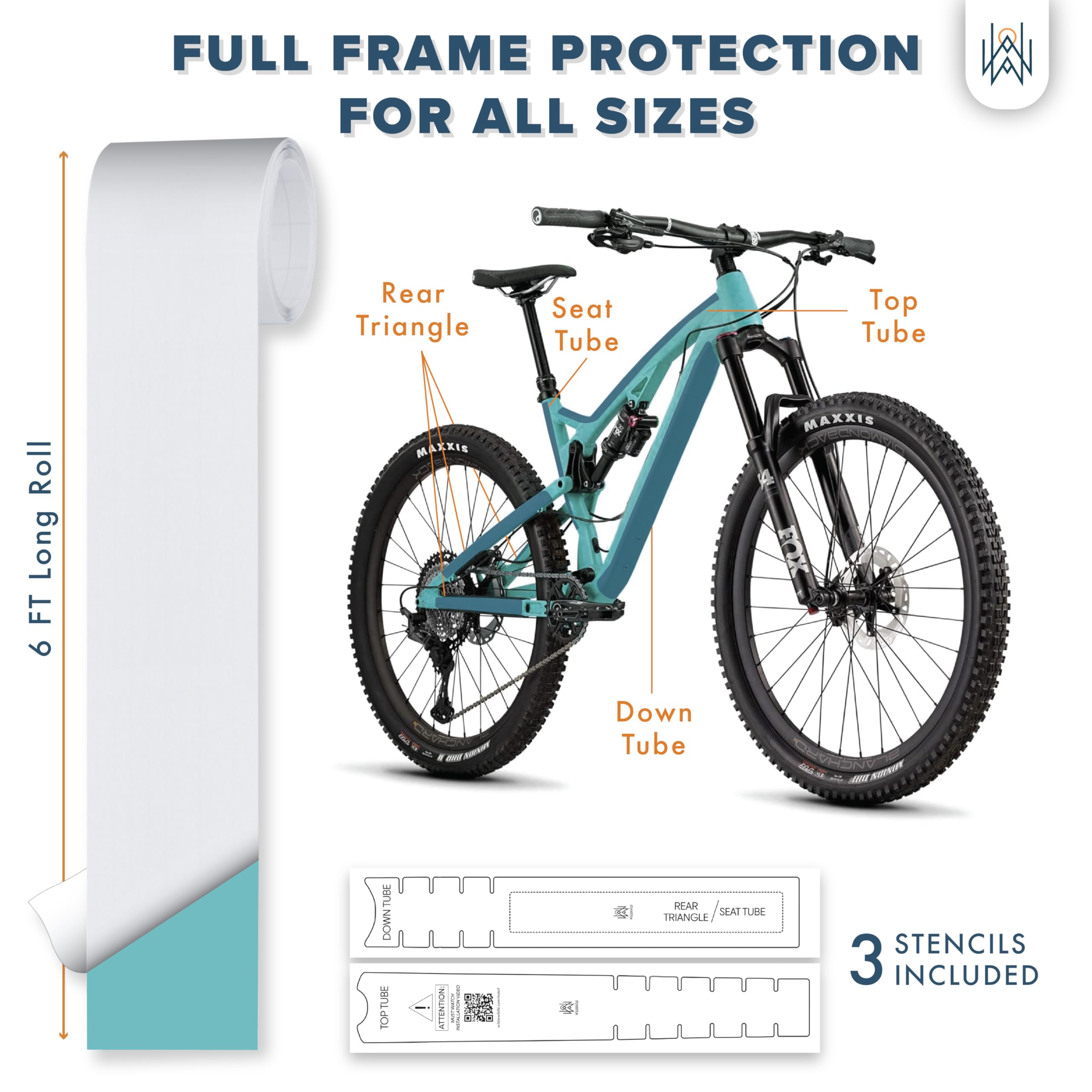 Bike Frame Protection Tape- High Impact Clear Vinyl Wrap Includes Tool (4”x72) Bicycle Frame Protector, Mountain Bike Frame Guard Chainstay Protector (Art Deco)