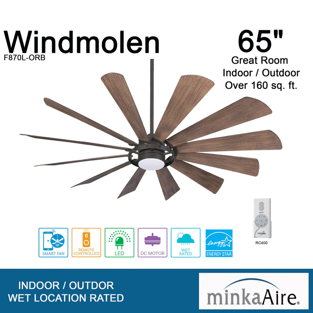 Minka-Aire F870L-ORB 65" Windmolen Outdoor Smart Ceiling Fan with LED Light and Remote Control, Oil Rubbed Bronze