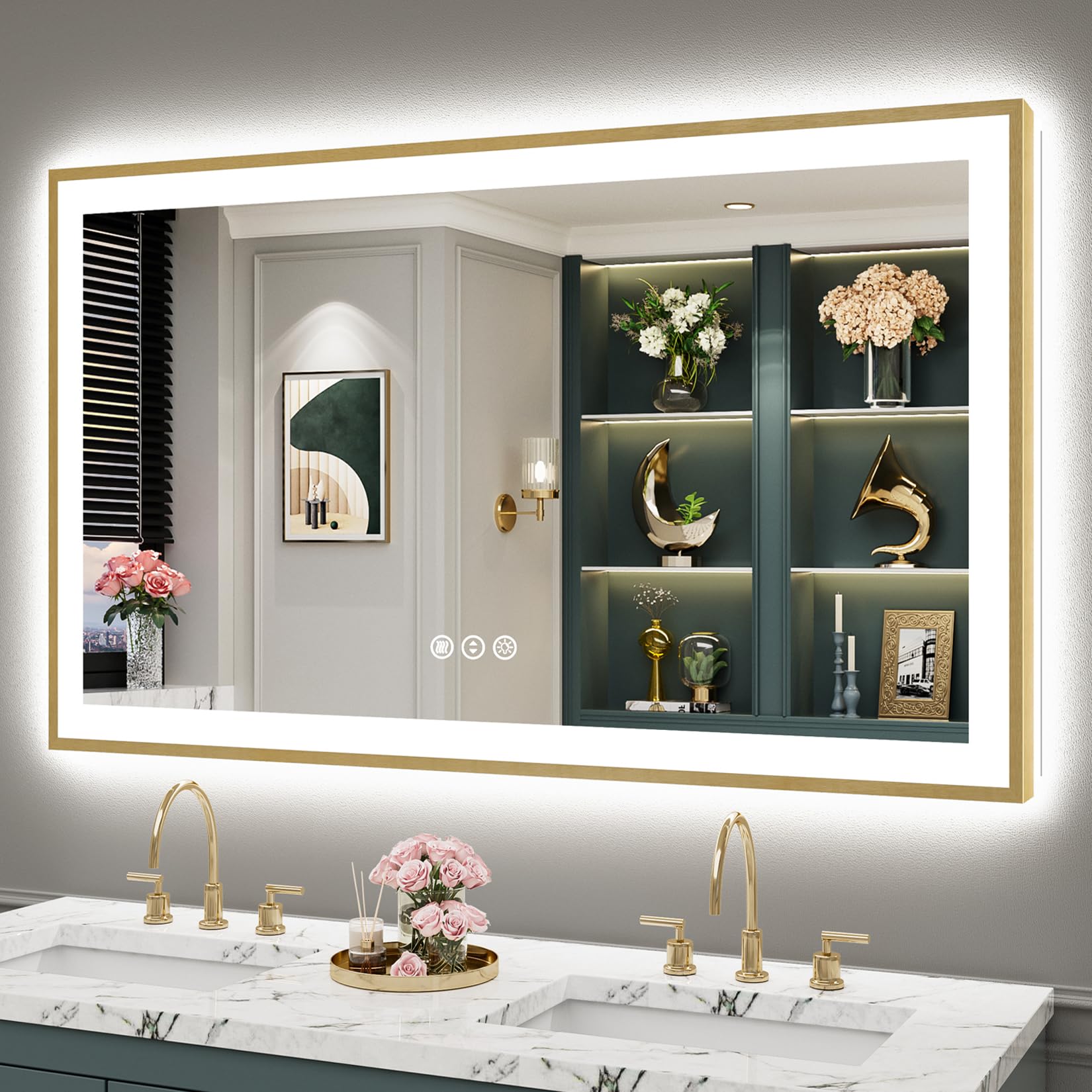 24x36 Gold Beveled LED Bathroom Mirror with Lights, Brushed Gold Framed Backlit and Front Lit Anti-Fog Lighted Vanity Mirrors for Bathroom Wall, Dimmable, 3 Colors, Memory, HD Tempered Glass