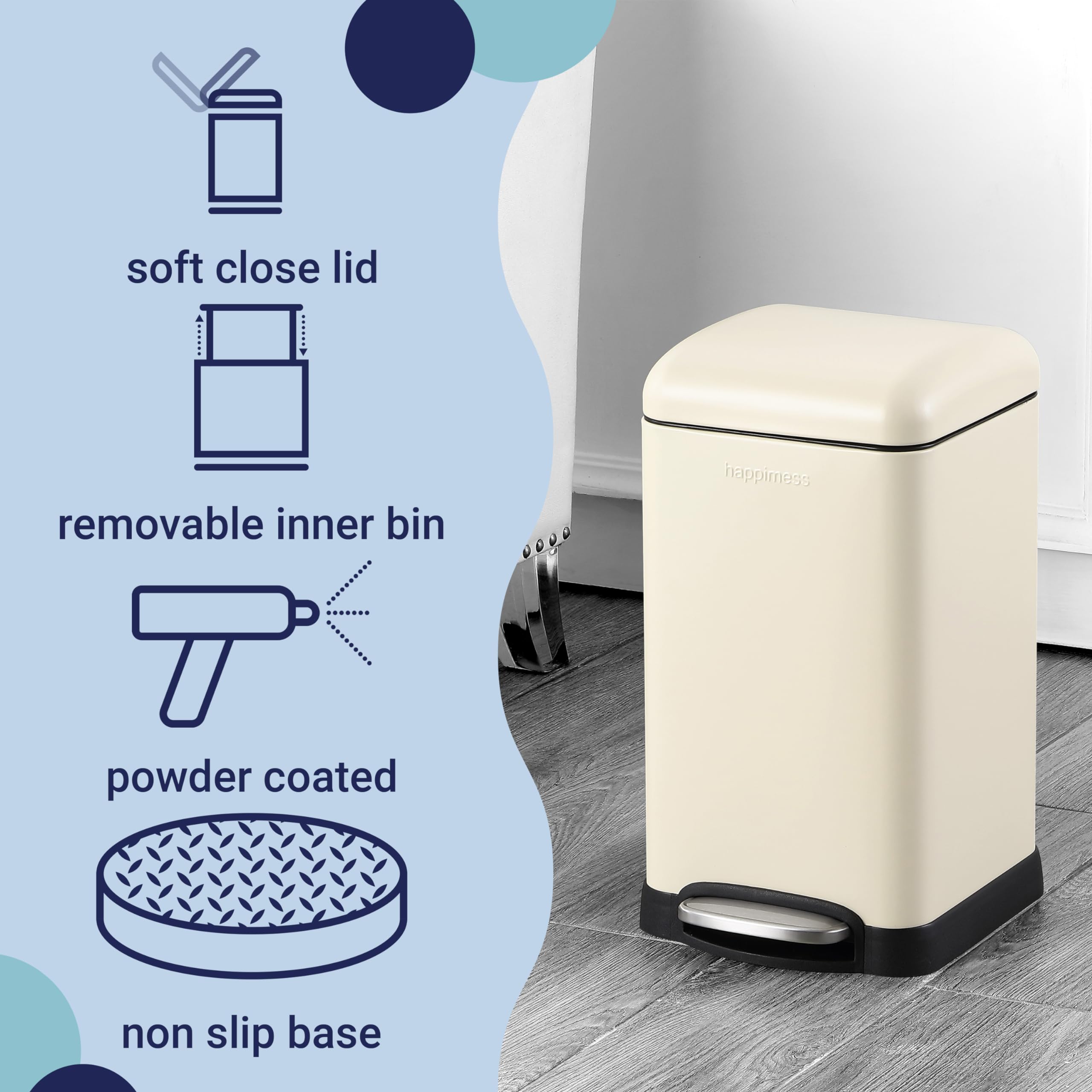 happimess HPM1012B Betty Retro Mini 3.2-Gallon Step-Open Trash Can with Soft-Close Lid, Modern, Minimalistic, Fingerprint Proof for Home, Kitchen, Laundry Room, Office, Bedroom, Bathroom, Black