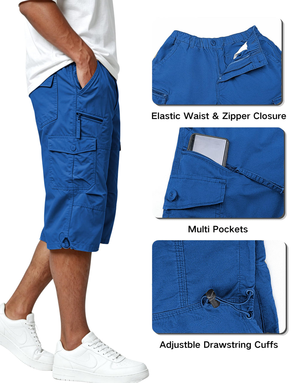 EKLENTSON Men's Cargo Shorts Casual Twill Elastic 3/4 Capri Pants Below Knee Long Shorts with 7 Pockets