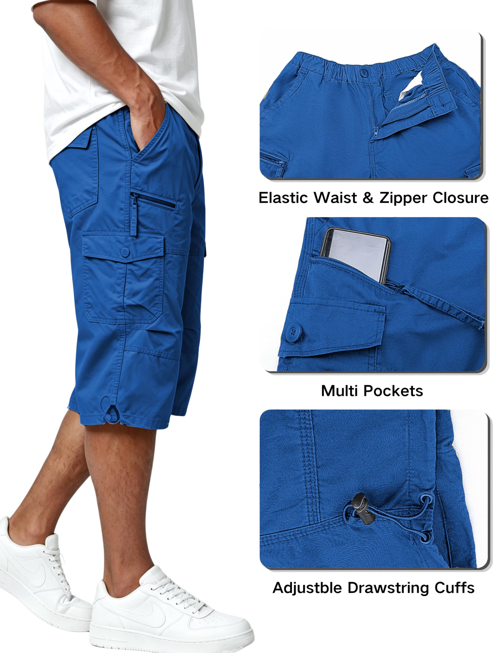 EKLENTSON Men's Cargo Shorts Casual Twill Elastic 3/4 Capri Pants Below Knee Long Shorts with 7 Pockets