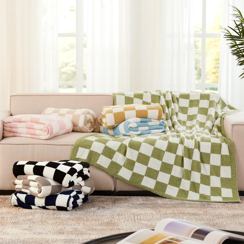 Checkered Throw Blanket, Black Soft Cozy Fluffy Knitted Throw Blankets for Couch, Sofa, Bed, Chair, Warm Fuzzy Travel Picnic Lightweight Plaid Blanket, 50x70 inches