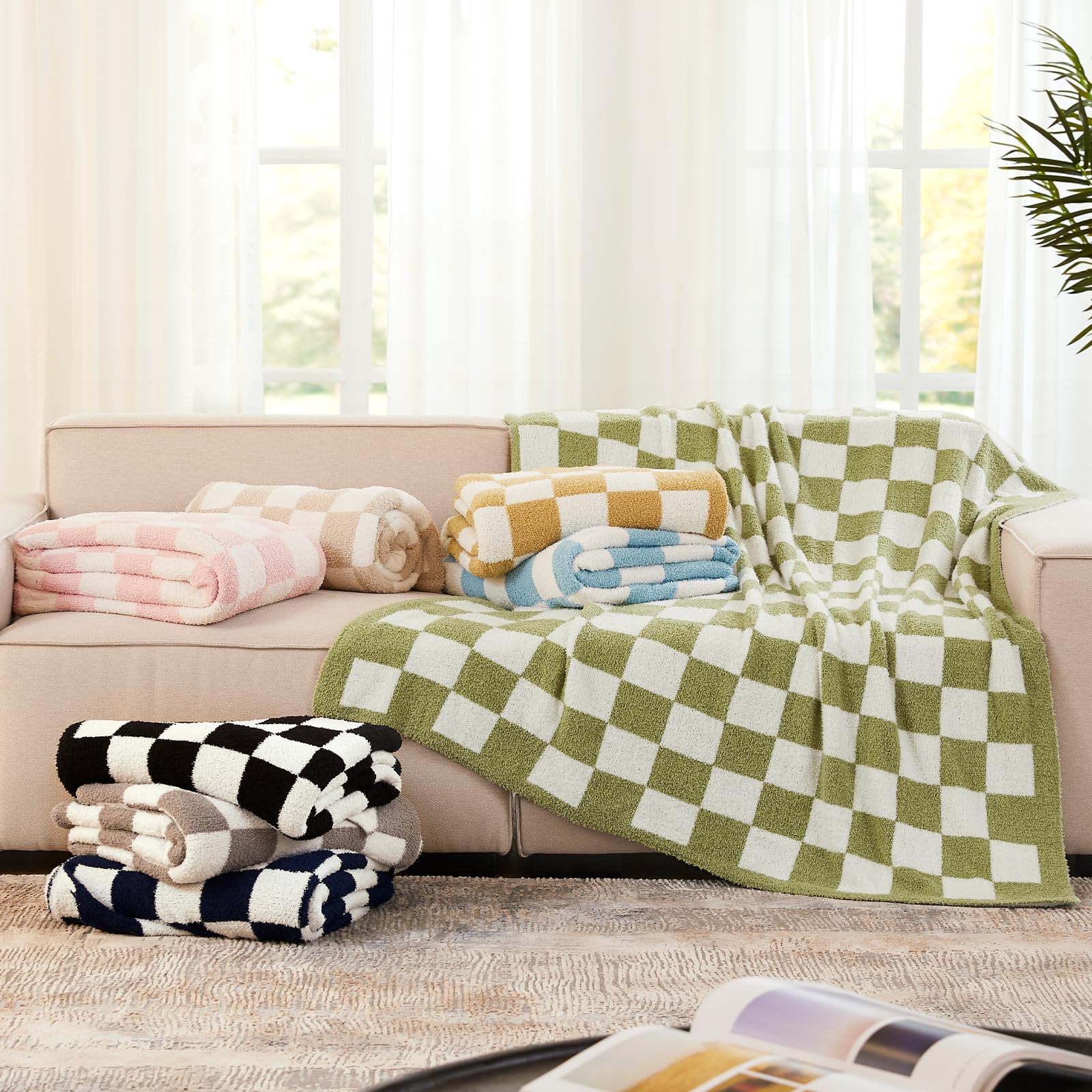 Checkered Throw Blanket, Black Soft Cozy Fluffy Knitted Throw Blankets for Couch, Sofa, Bed, Chair, Warm Fuzzy Travel Picnic Lightweight Plaid Blanket, 50x70 inches