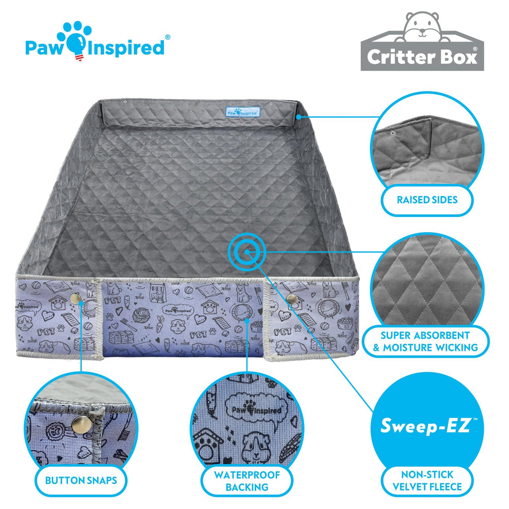 Paw Inspired Critter Box Washable Cage Liner with Raised Sides, Fleece Bedding with Waterproof Bottom, Edge Protected Pee Pads for Guinea Pigs, Rabbits, Hamsters, Small Animals (Midwest Size)