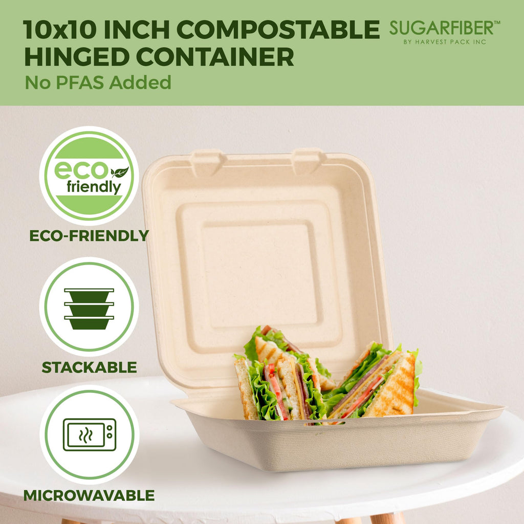 [50 COUNT]Harvest Pack 6 X 6" Compostable Clamshell Take Out Food Containers, PFAS FREE Square To go Containers with Lids, Heavy-Duty Disposable Bagasse Bento Cake Box, Eco-Friendly Sugarcane Fibers