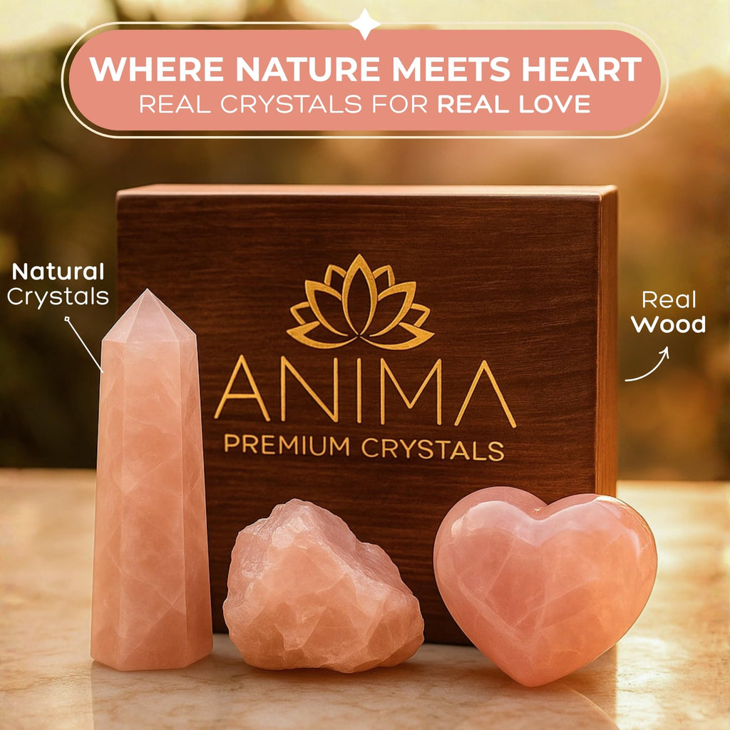 Anima Premium 7 Chakra Healing Crystals Set for Energy Alignment - Large Raw Amethyst, Rose Quartz, Citrine, Lapis Lazuli, Clear Quartz, Tigers Eye & Red Jasper - Wooden Gift Box & Guidebook Included