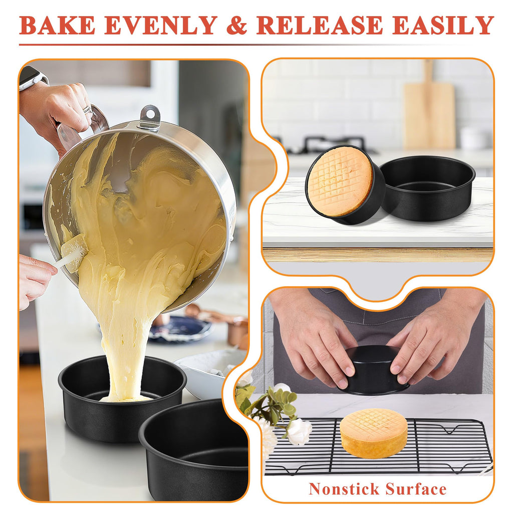E-far 4 Inch Cake Pan Set of 3, Nonstick Stainless Steel Mini Round Cake Pans Tin, Small Size for Baking Smash Cakes/Cheesecake, Stainless Steel Core & Non-toxic Coating, Straight Side & 2 Inch Deep