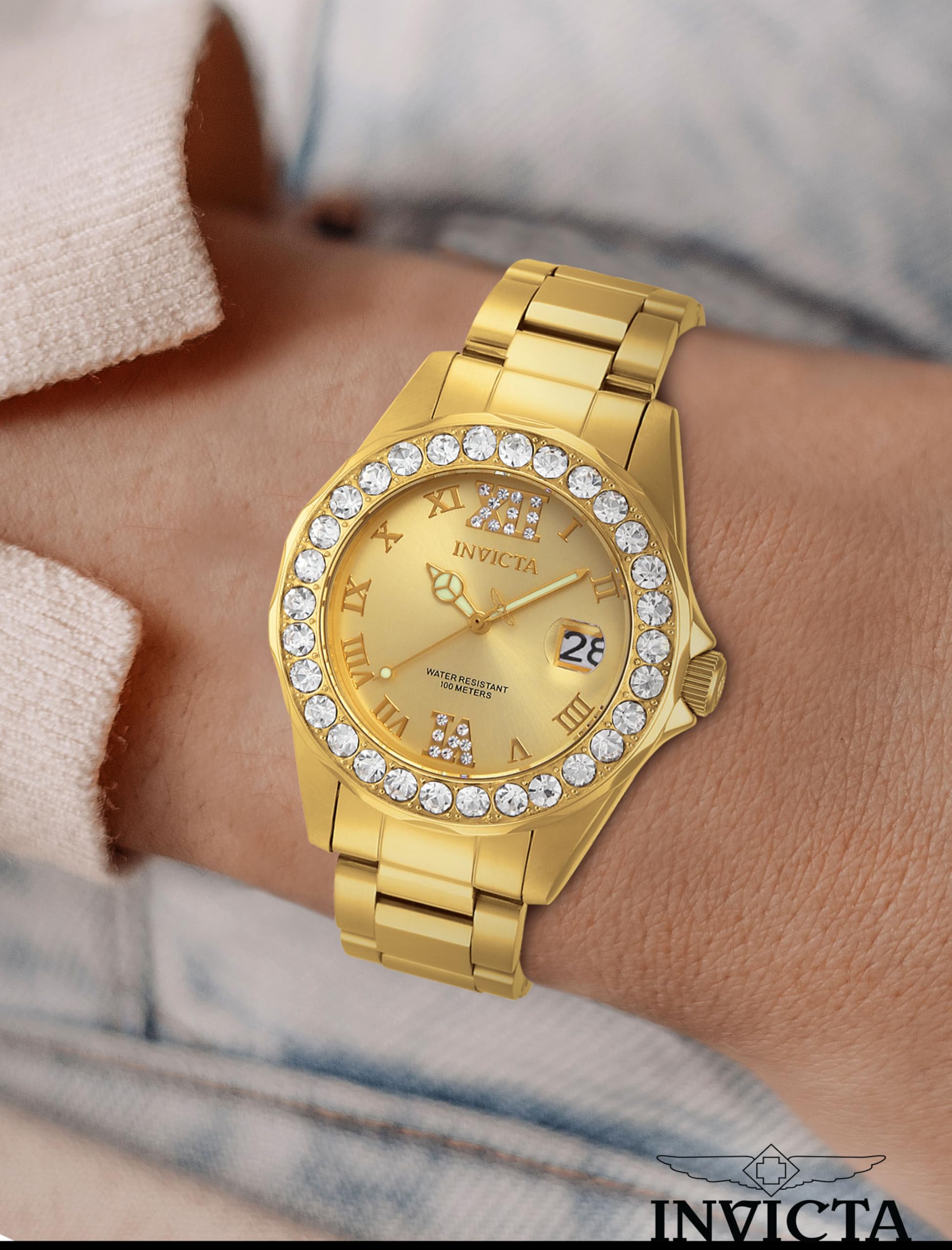 Invicta Women's Pro Diver Crystal Accented 18k Ion-Plated Stainless Steel Watch