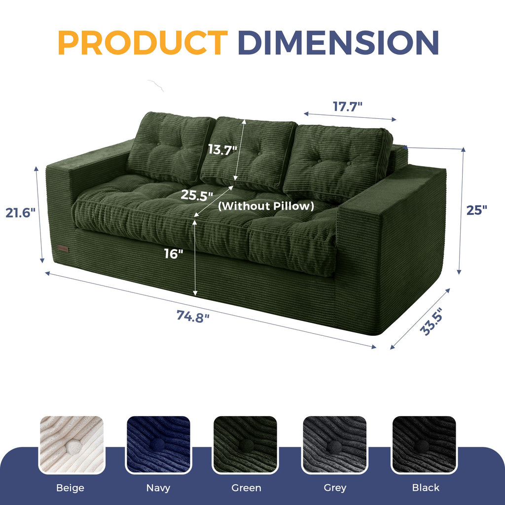MAXYOYO 3 Seater Sofa Couch for Living Room, Tufted Boneless Couch Sofa Couch, Comfy Bubbled Bean Bag Chair for Apartment, No Assembly Needed, Beige