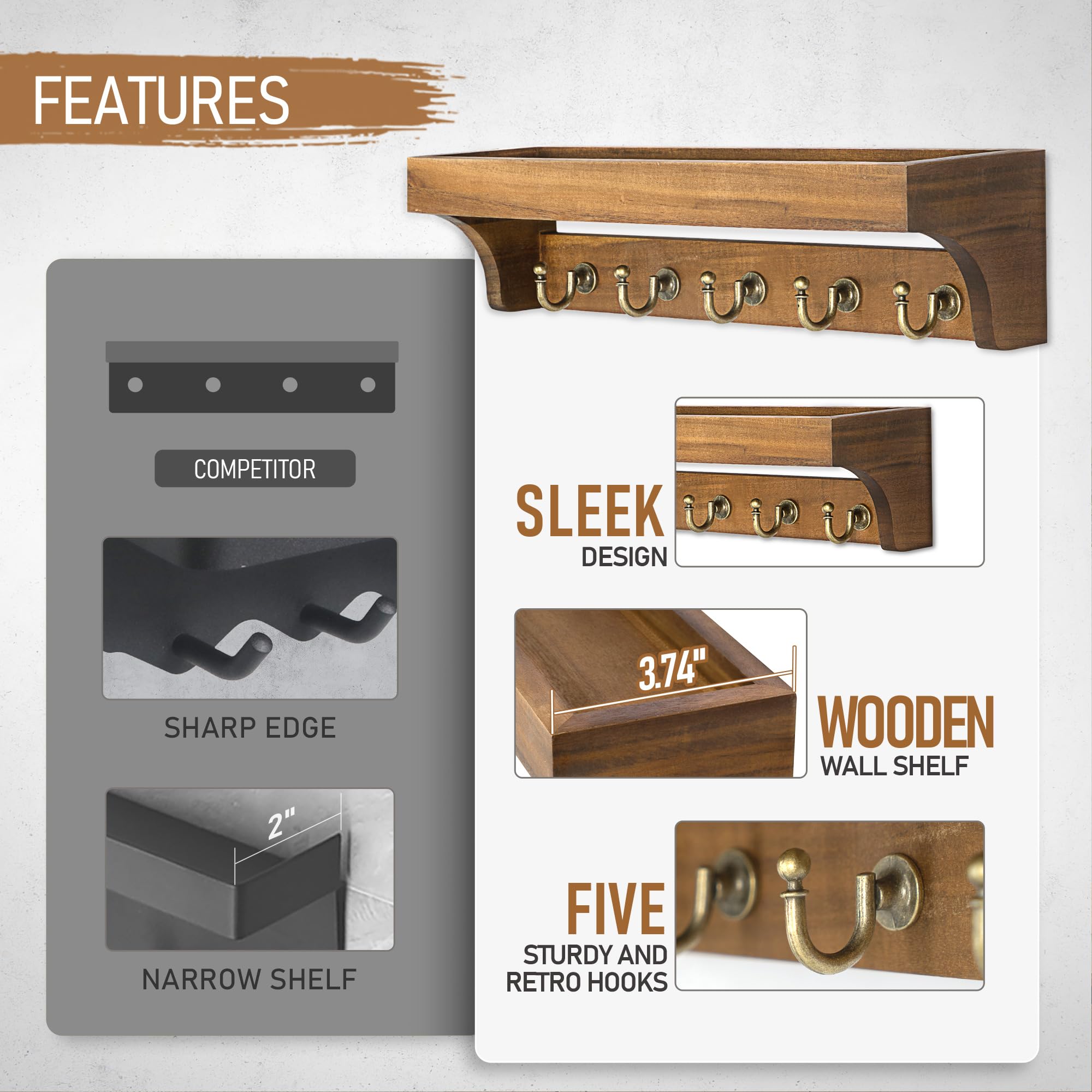Rebee Vision Acacia Wood Farmhouse Key Holder Wall Mount for Room Decor – Retro Key Holder for Wall with Shelf for Cute Things– Stylish Home Storage for Apartment Essentials (Acacia Wood)