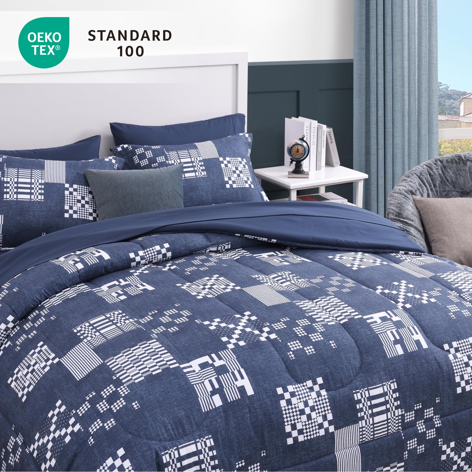 AMBERSPACE Plaid Twin XL Comforter Set Black, Reversible Checkered Bedding Set 5 Pieces for Boys Girls Teen, Lightweight Bed in a Bag for Dorm with Sheets, Pillowcase & Sham