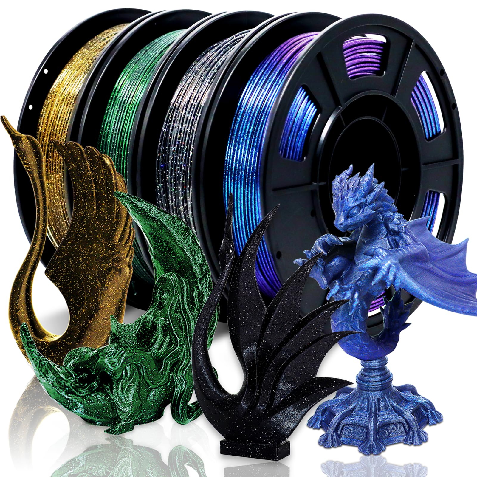 RepRapper PLA Filament, Multicolor Glitter Sample Pack, Shiny Galaxy Silk PLA1.75MM for 3D Printer, Glow in The Dark Sparkle Laser Series 3D Printer Filament, 250g*4
