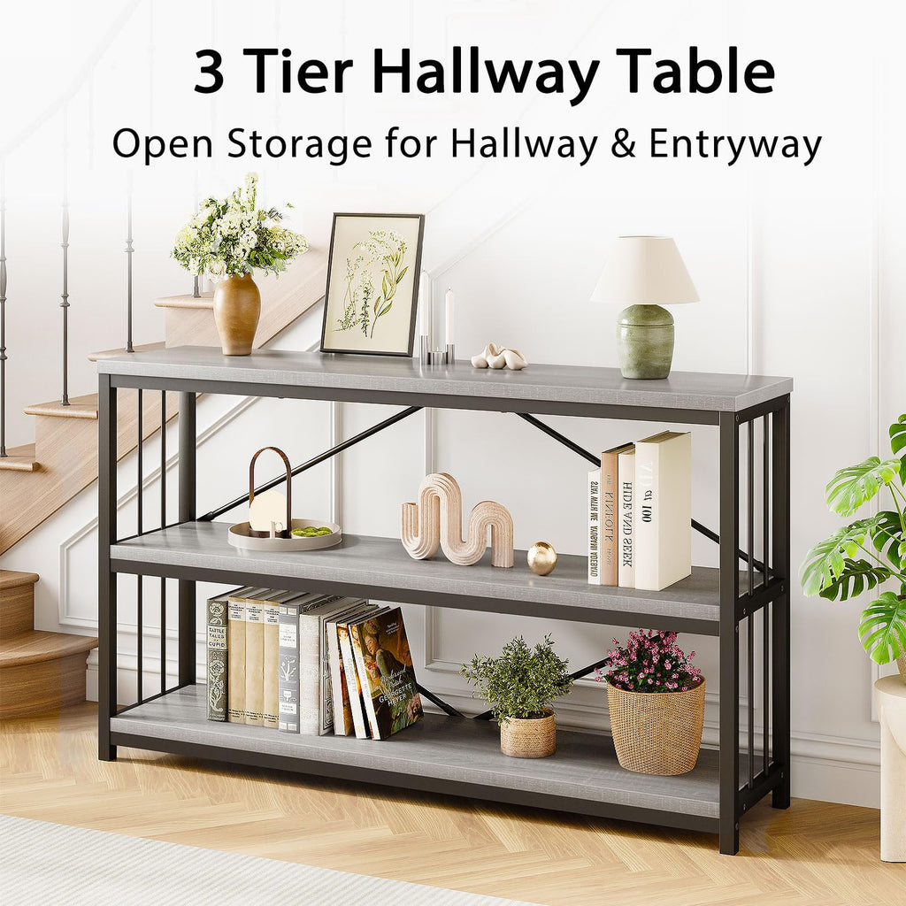LVB Black Console Table, Modern Entryway Table for Hallway Living Room, Industrial Sofa Table Behind Couch, Farmhouse Wooden Metal Entry Table for Foyer with 3-Tier Storage Shelves, Black Oak, 55 Inch
