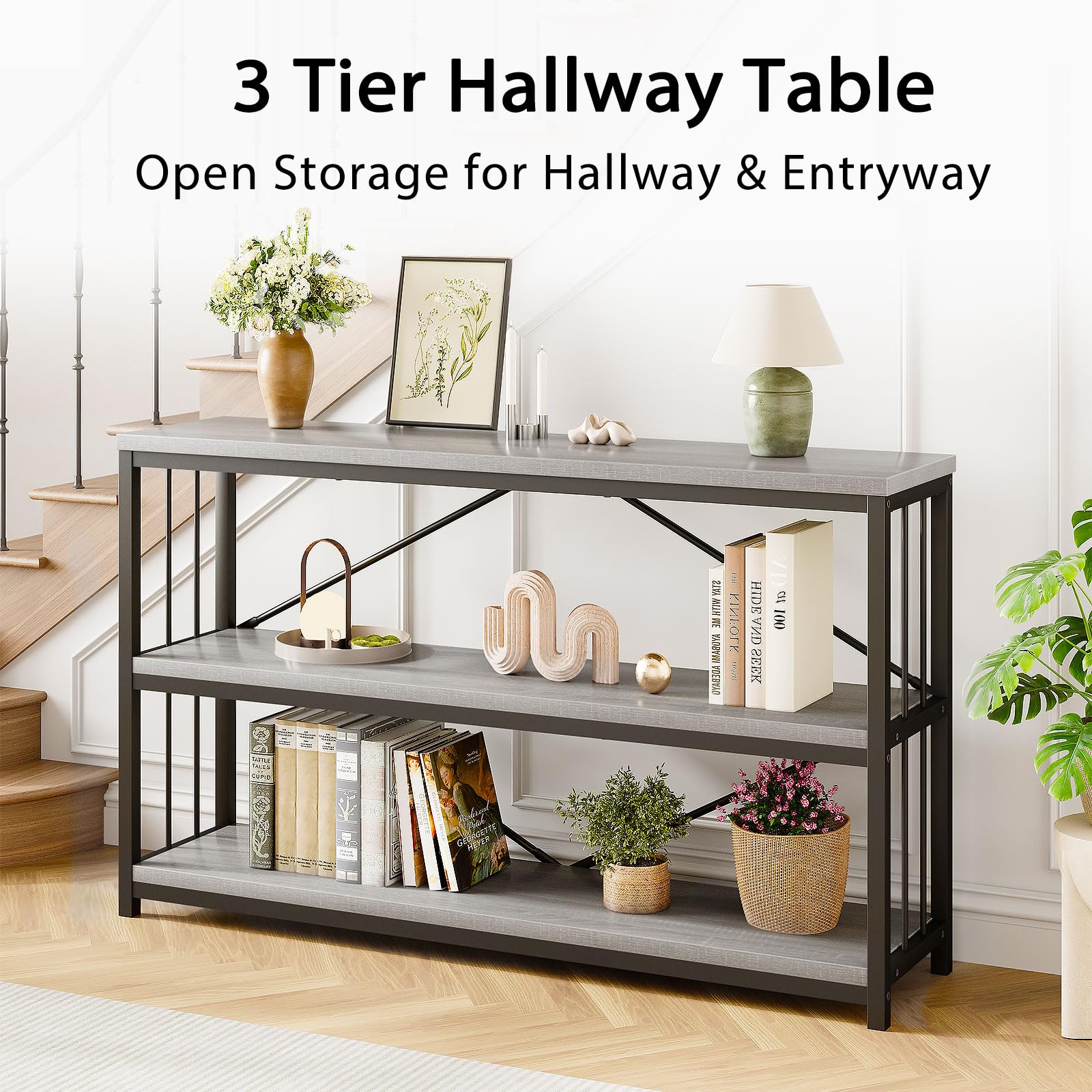 LVB Black Console Table, Modern Entryway Table for Hallway Living Room, Industrial Sofa Table Behind Couch, Farmhouse Wooden Metal Entry Table for Foyer with 3-Tier Storage Shelves, Black Oak, 55 Inch