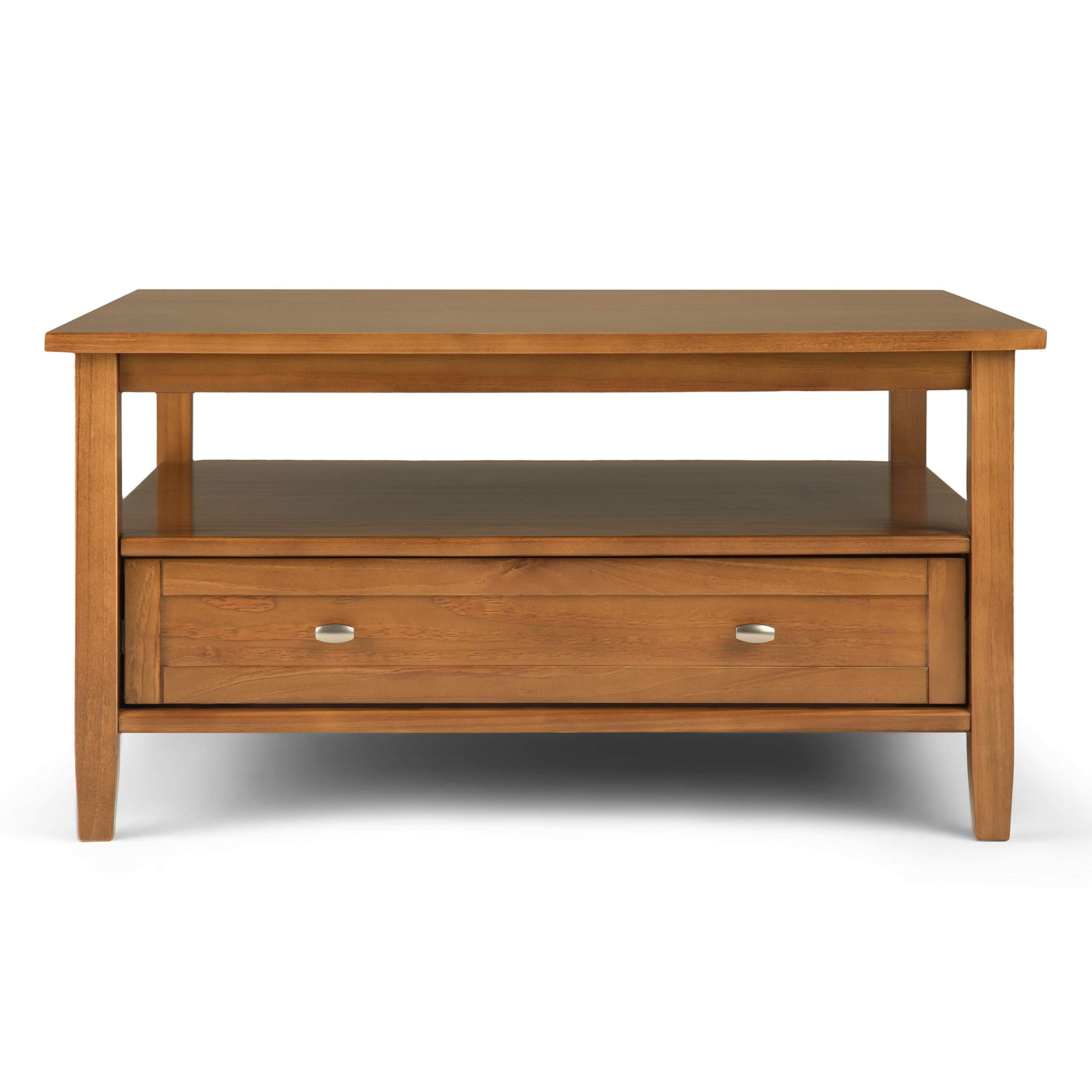 SIMPLIHOME Warm Shaker Coffee Table - 48 inch Wide Solid Wood Coffee Table in Black, Transitional Living Room Table with 2 Drawers, Open Shelf, Shaker Fronts and Tapered Legs