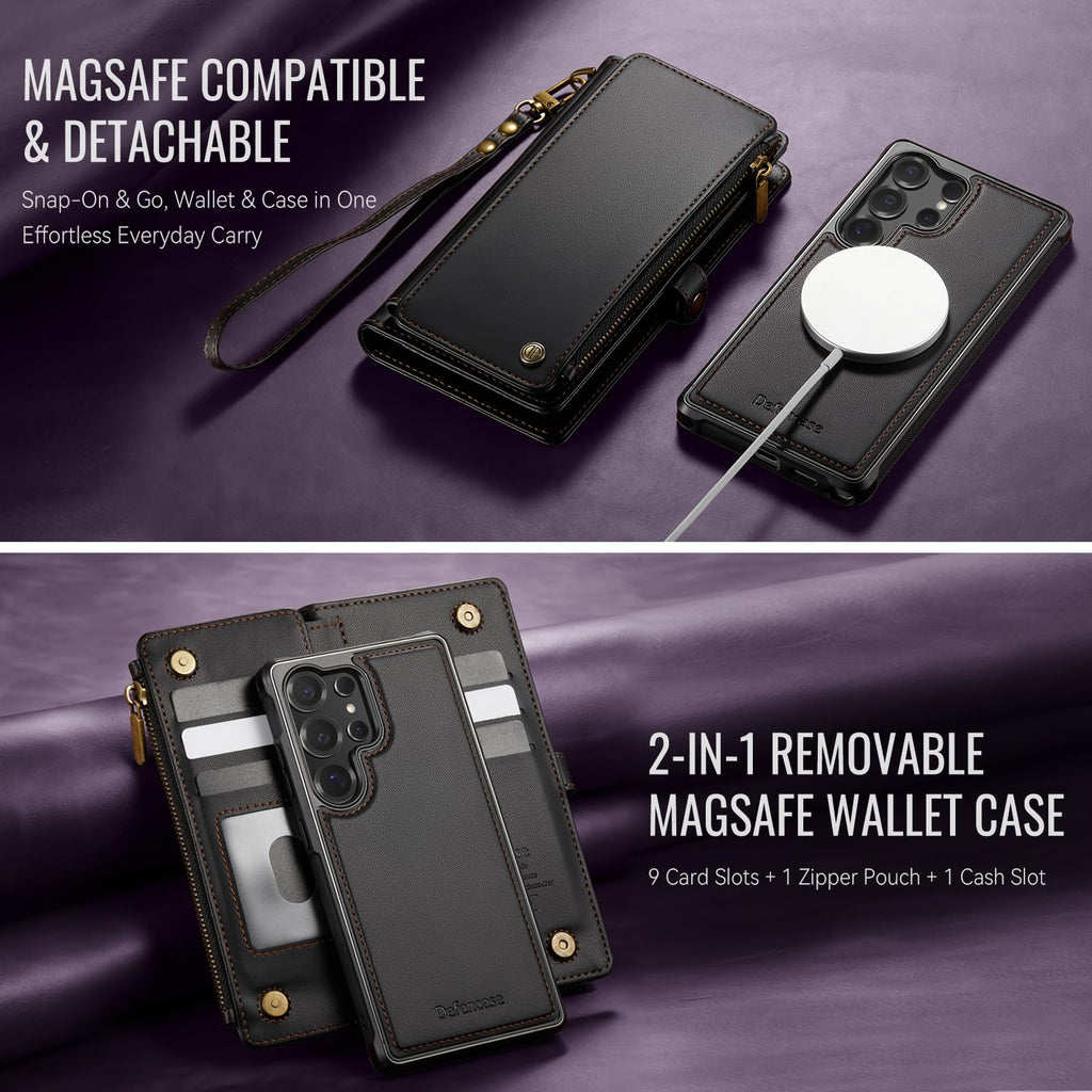 Defencase for Samsung Galaxy S25 Ultra Magnetic Wallet Case Compatible with Magsafe with RFID Blocking Zipper & Card Holder Women, PU Leather Detachable Phone Case for Galaxy S25 Ultra 6.9", Black