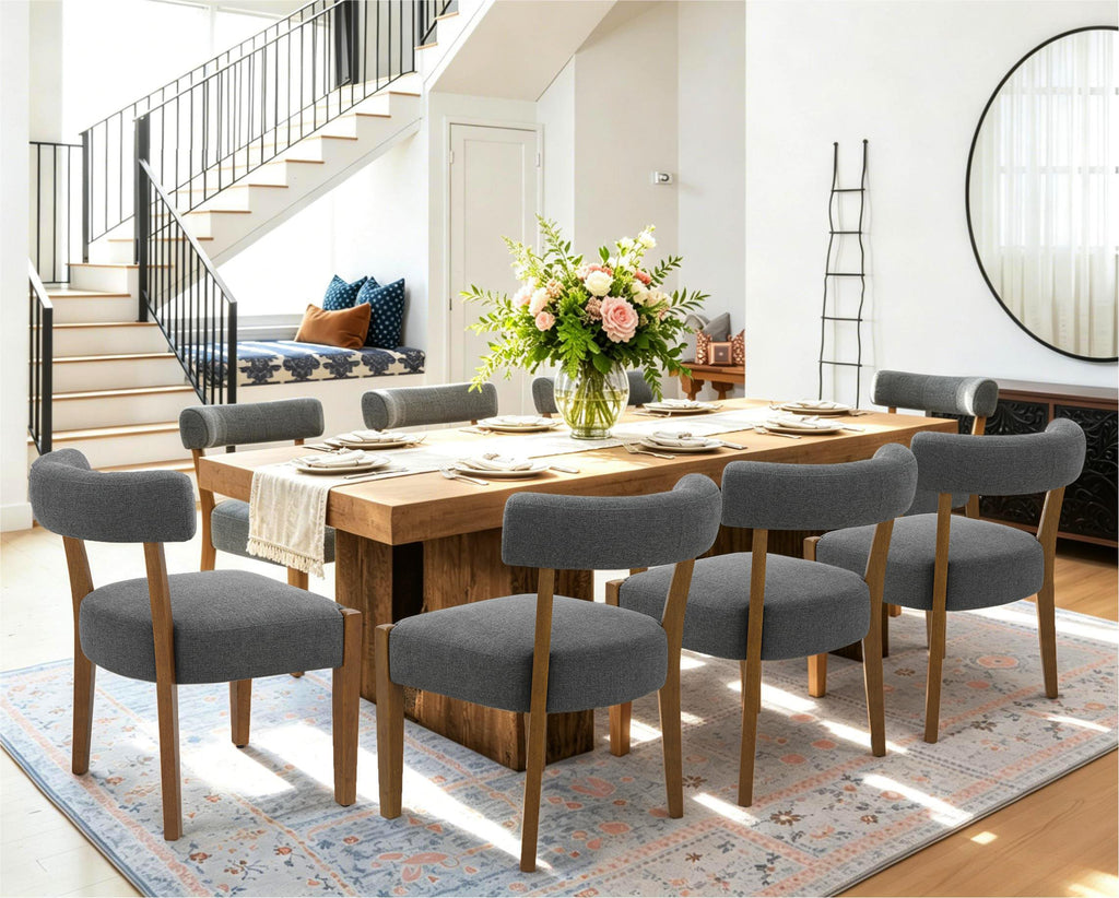 RNKSFX Upholstered Dining Chairs Set of 2, Walnut Wooden Kitchen & Dining Room Chairs, Mid Century Modern Fabric Farmhouse Dining Chairs Oversized Sturdy Rounded Chairs Curved Back, Beige Fabric