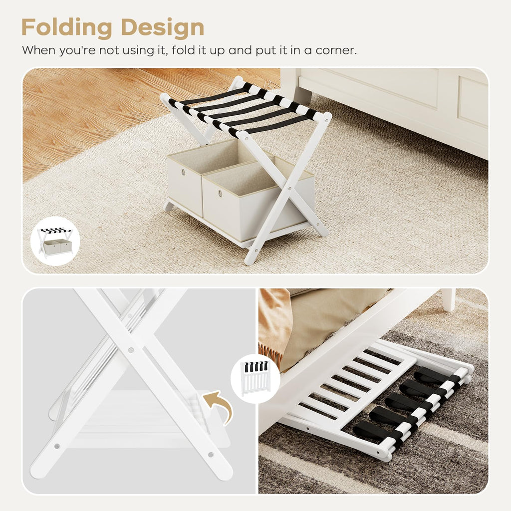 oakvivo Fully Assembled Black Luggage Rack for Guest Room, Bamboo Foldable Suitcase Stand with 5 Nylon Straps, Upgraded Luggage Rack Holder with Shelf for Bedroom Hotel, Holds up to 165 Lbs, 1pcs