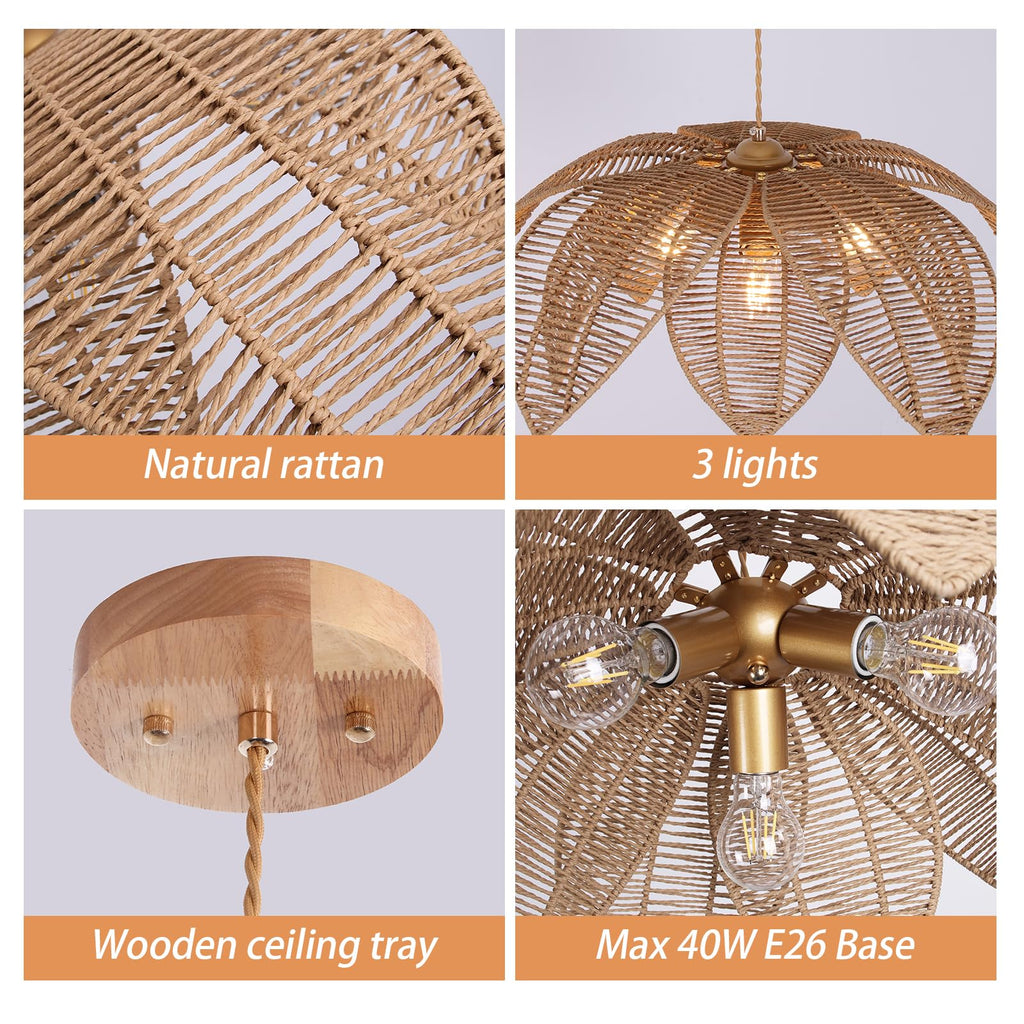 Farmhouse Chandeliers for Dining Room, 3-Light Rattan Boho Chandelier Light Fixture Hand Woven Wicker Pendant Light 24", Coastal Hanging Pendant Light for Kitchen Island Bedroom Living Room