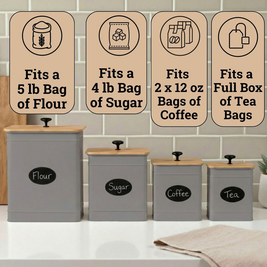 Kitchen Canisters for Countertop Set of 4 w/ Chalkboard Labels & Marker Pen | Airtight Easy Open Bamboo Lids, Dent-Resistant Thick Metal, Customizable Chalkboard Labels, Marker Pen Included, Set of 4