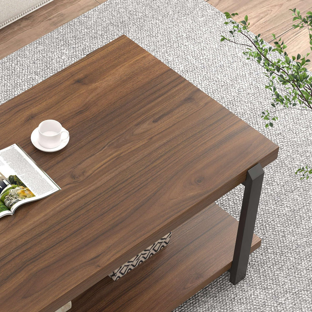 FOLUBAN Black Coffee Table, Modern Rustic Wood Center Table with Storage for Living Room, Industrial Rectangle 2 Tier Cocktail Tea Table, Black Oak