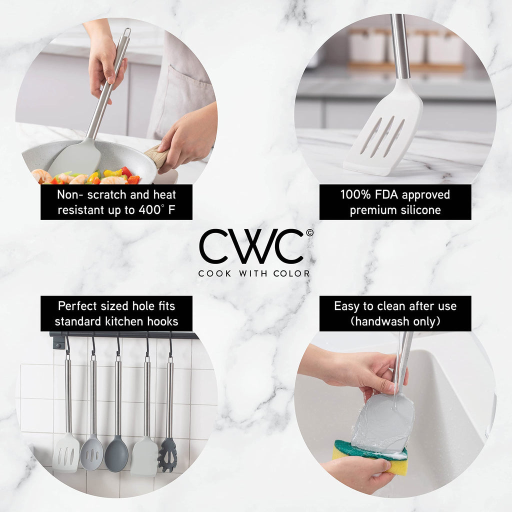 COOK WITH COLOR Silicone Cooking Utensils, Kitchen Utensil Set, Easy to Clean Silicone Kitchen Utensils, Cooking Utensils for Nonstick Cookware, Kitchen Gadgets Set with Holder, 10 Pieces