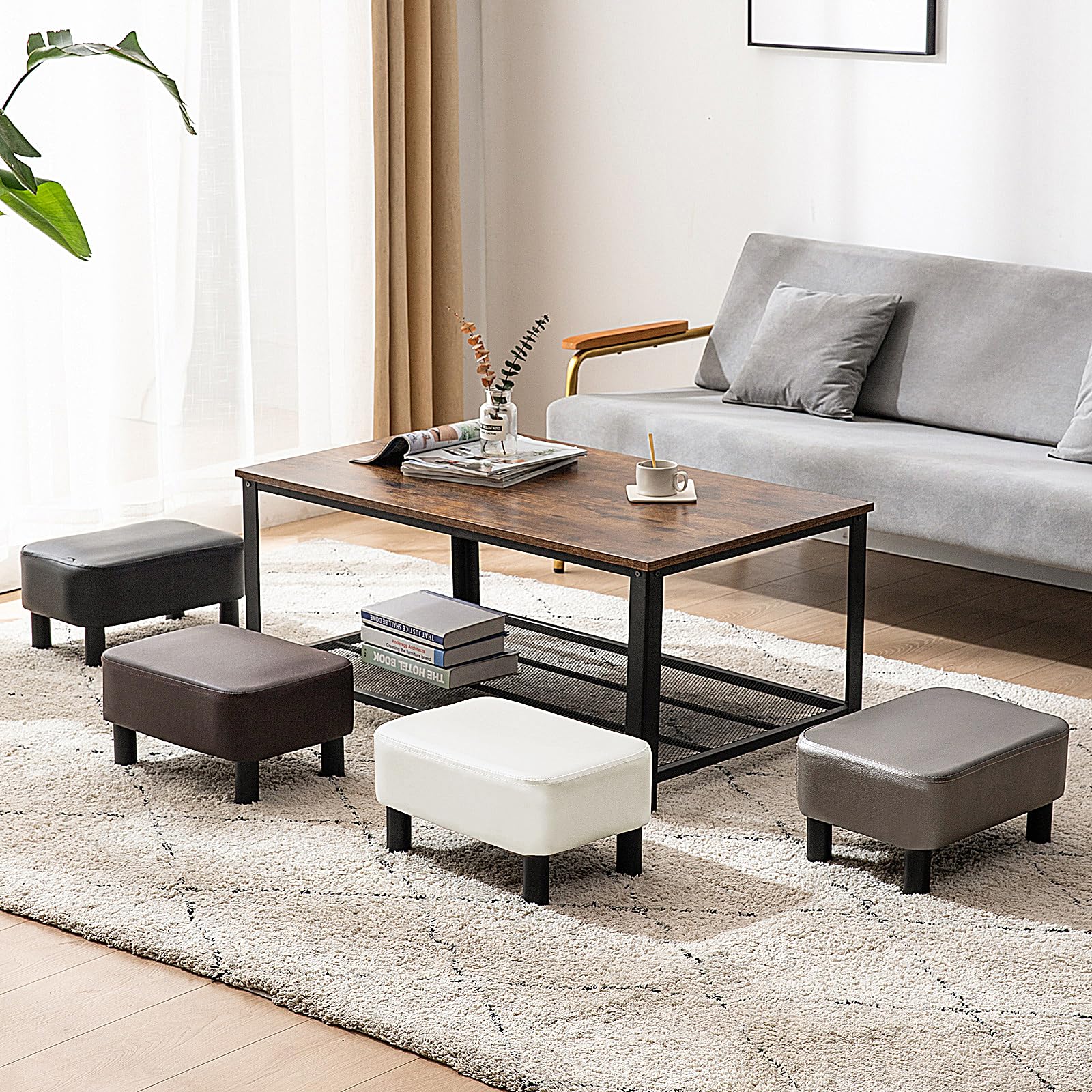 IBUYKE 16.54" Small Footstool, PU Faux Leather Step Stool, with Padded Seat Pine Wood Legs and Padded Rectangular Stool, for Bedroom, Black RF-BD210