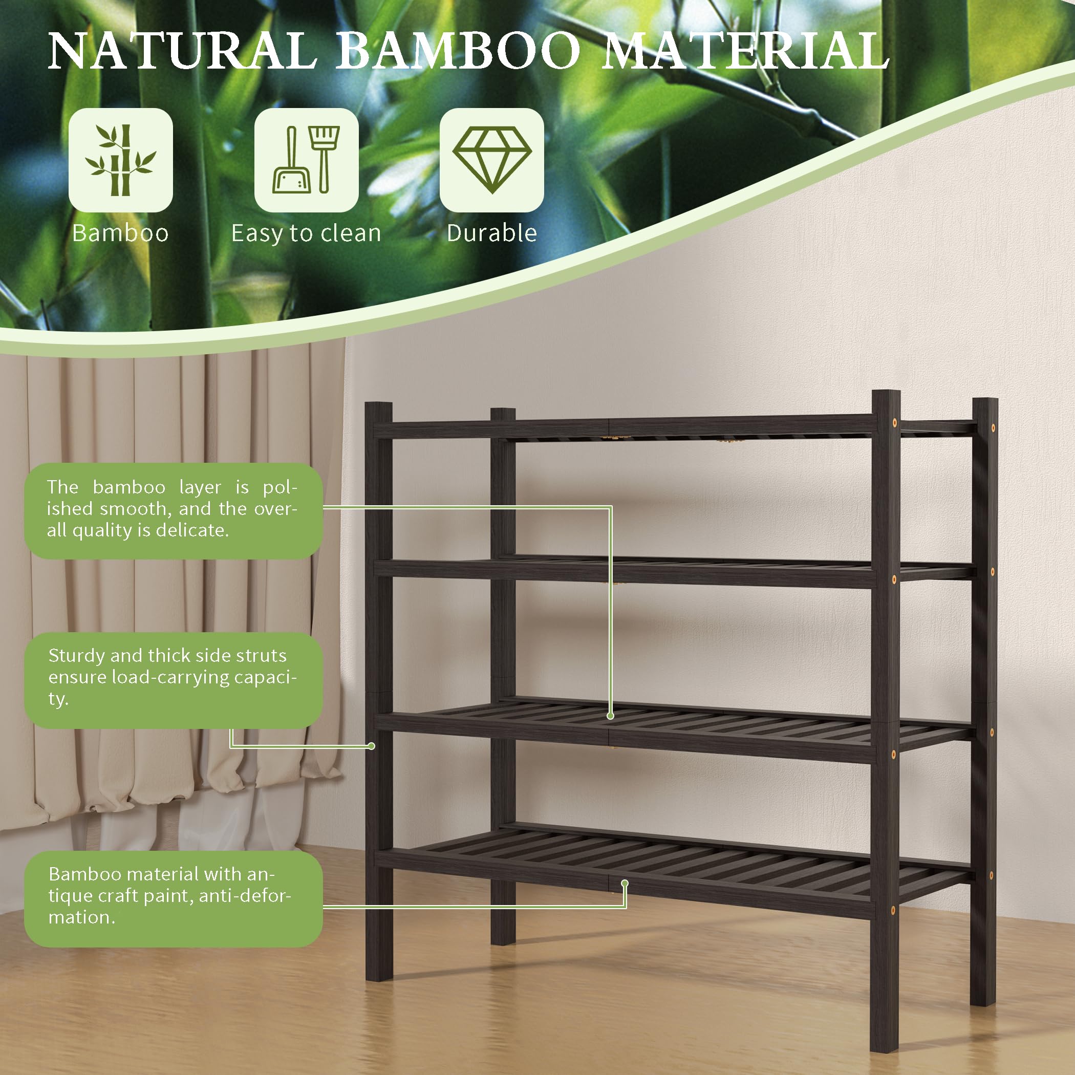 ROMGUAR CRAFT 2-Tier Bamboo Long Shoe Rack, Free Standing Wood Shoe Shelf Storage Organizer for Closet Entryway Stackable 35"x11"x13" (Black)
