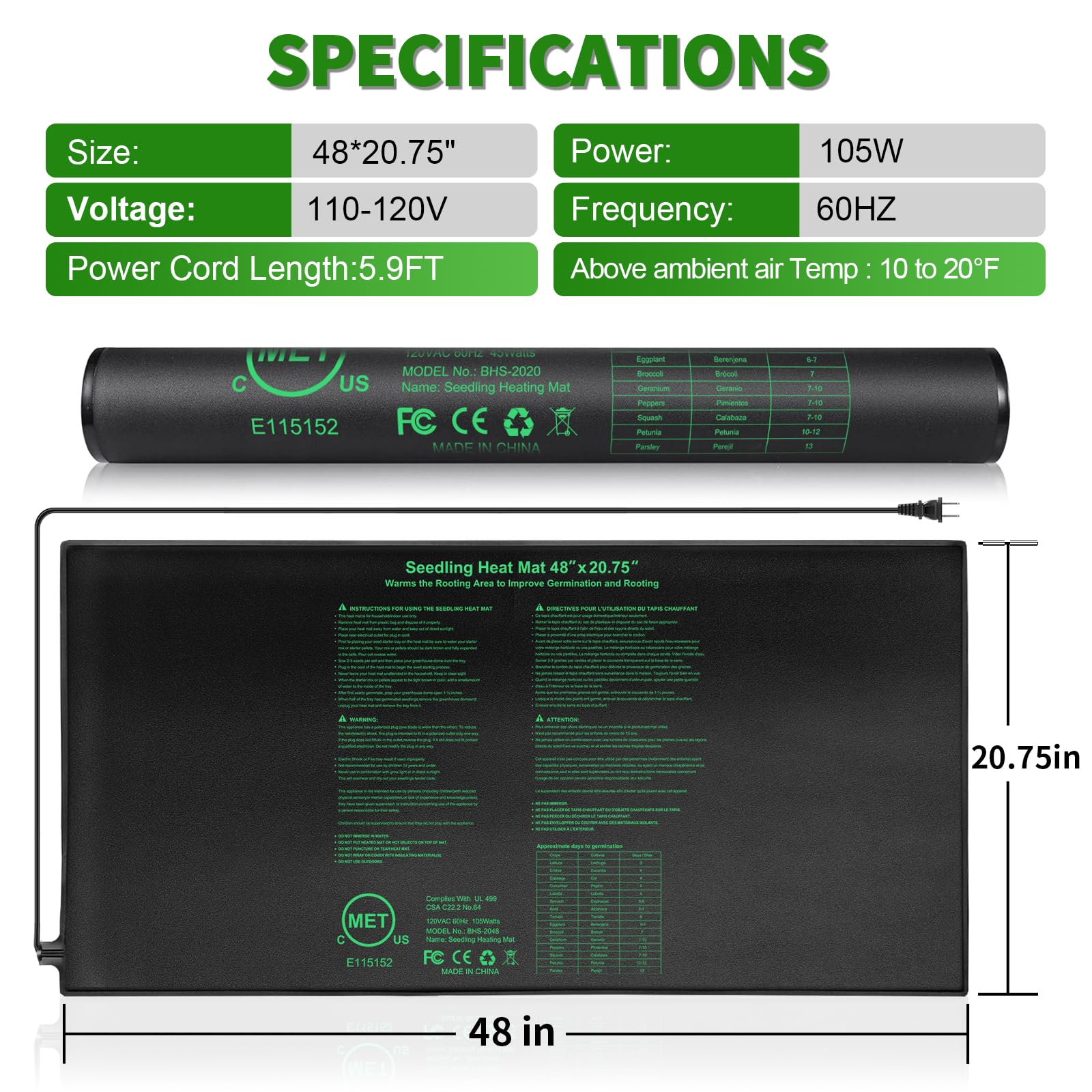 Seedling Heat Mat Hydroponic Plants Heating Pad, Seed Starting Greenhouse and Germination, Waterproof Durable Heating Pad for Indoor Home Gardening Seed Starter(10“x20.75”)