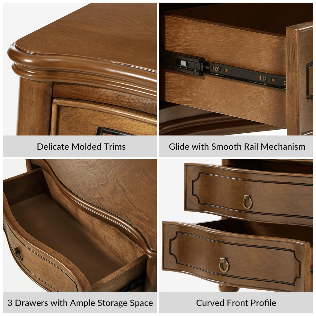 HULALA HOME Traditional Side Table with 3 Drawers, Tall Side Table with Curved Front Profle Desgin, Charging Station, Solid Wood Legs, Black