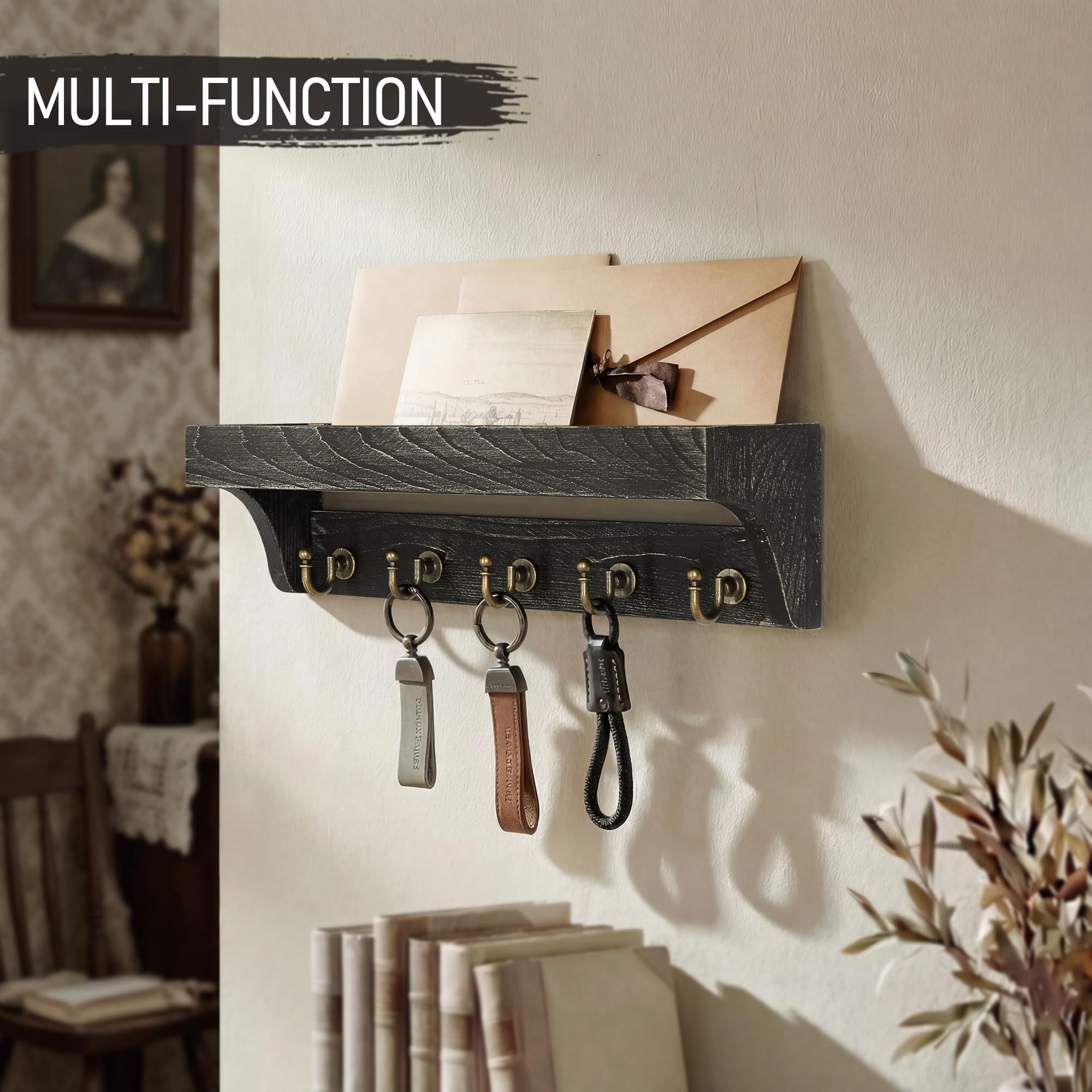 Rebee Vision Acacia Wood Farmhouse Key Holder Wall Mount for Room Decor – Retro Key Holder for Wall with Shelf for Cute Things– Stylish Home Storage for Apartment Essentials (Acacia Wood)