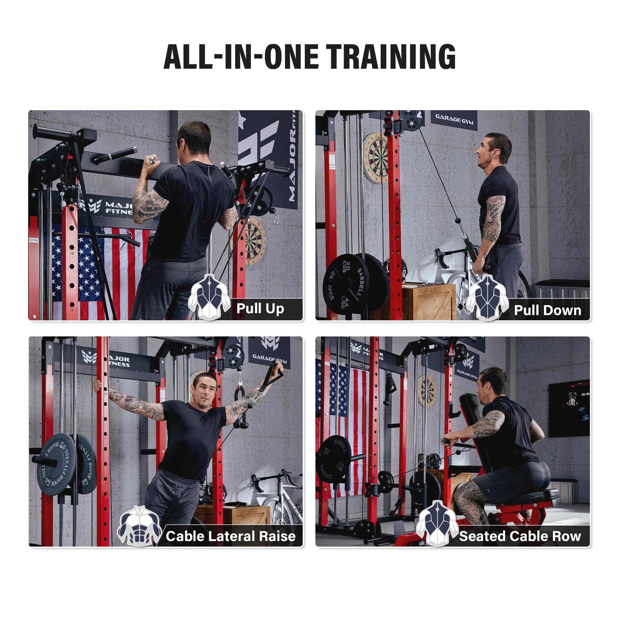 MAJOR FITNESS F22 Power Rack, 1600lbs All-in-One Squat Rack with Dual Pulley System, Heavy-Duty Steel Frame, Attachments & Storage for Home Gym Strength Training