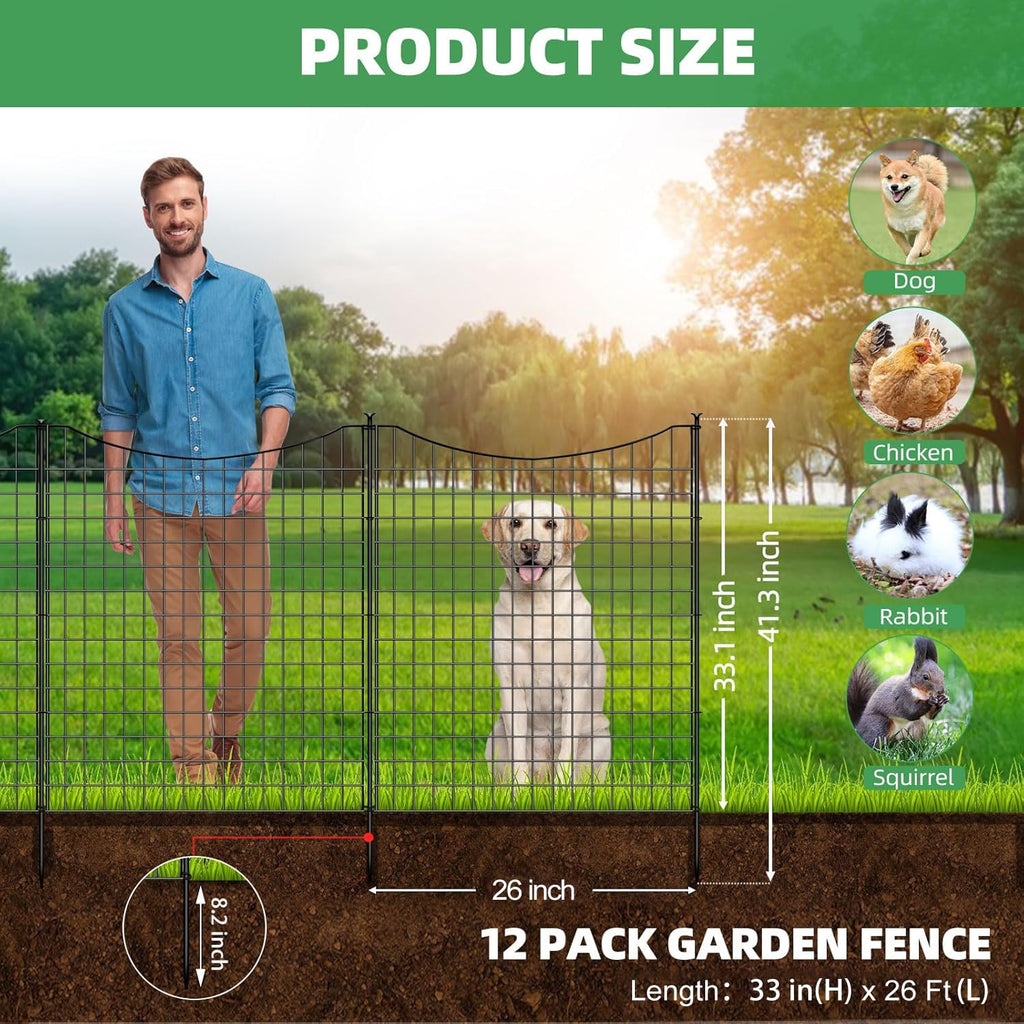 10 Panels Garden Fence Animal Barrier, 33 in(H) X 24 ft(L) Dog Fence Outdoor for Yard with Lock, Tall Metal Fencing with Ground Stakes, Temporary Fencing for Dog, Rabbits, and Patio Border