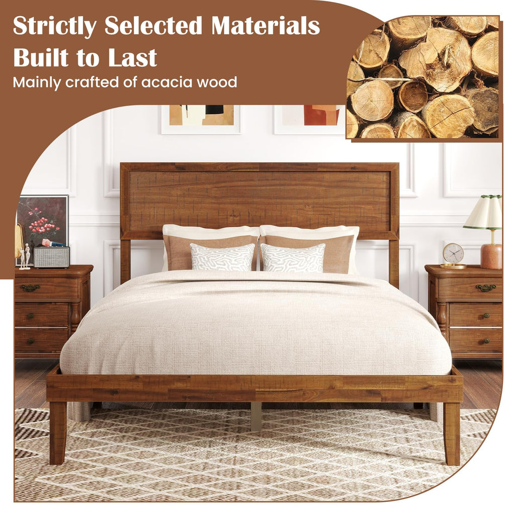 Giantex Wood Twin Bed Frames with Headboard, Solid Acacia Wood Platform Bed with 12 Strong Wooden Slat Support, Scandinavian Style Art Deco Twin Size Bed Frame, No Box Spring Needed, Rustic Brown