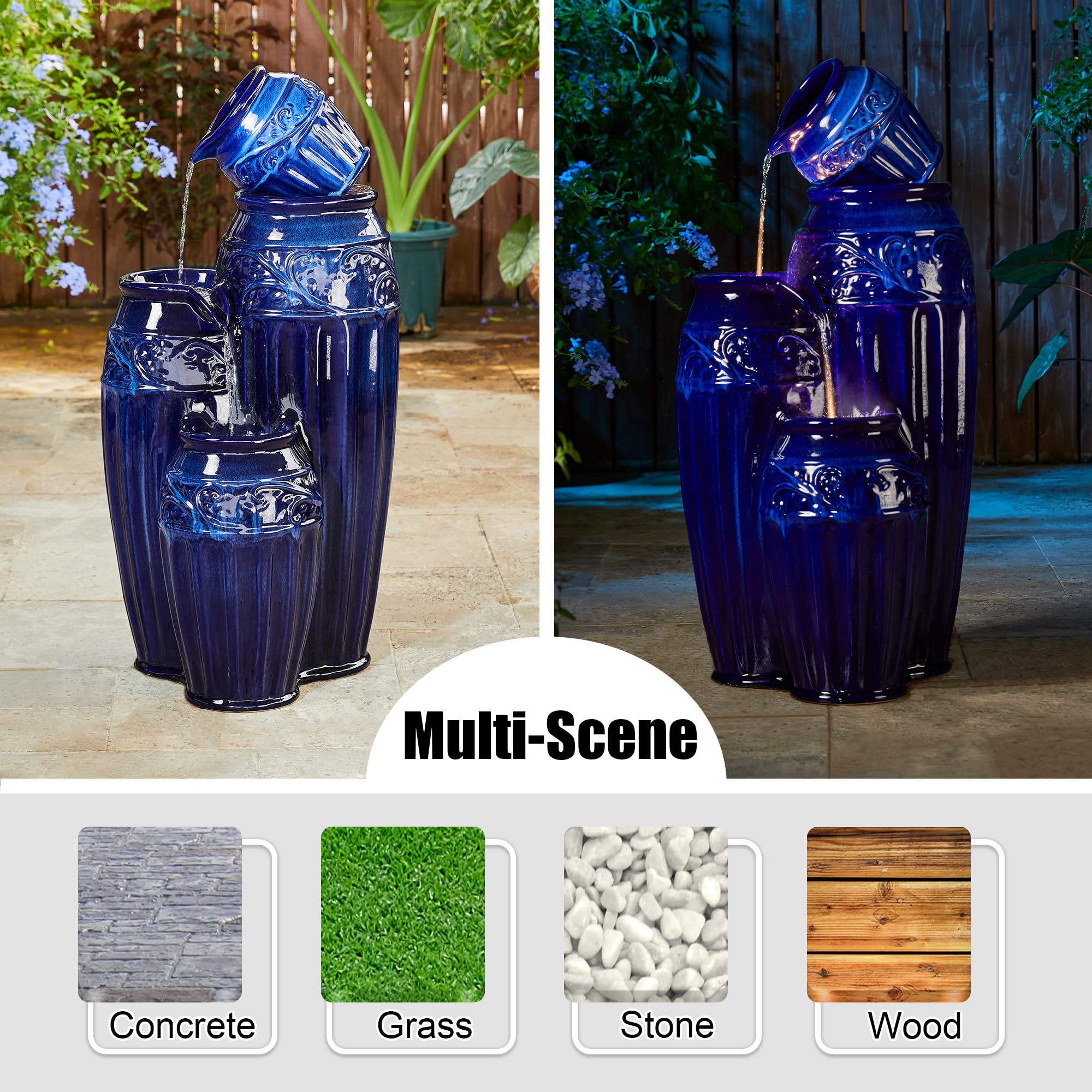 Glitzhome 27.25" H Outdoor Garden Water Fountain with LED Lights and Pump, 4 Tier Cobalt Blue Embossed Pattern Ceramic Pots Cascading Floor Standing Fountain for Porch Deck Patio Backyard Decoration