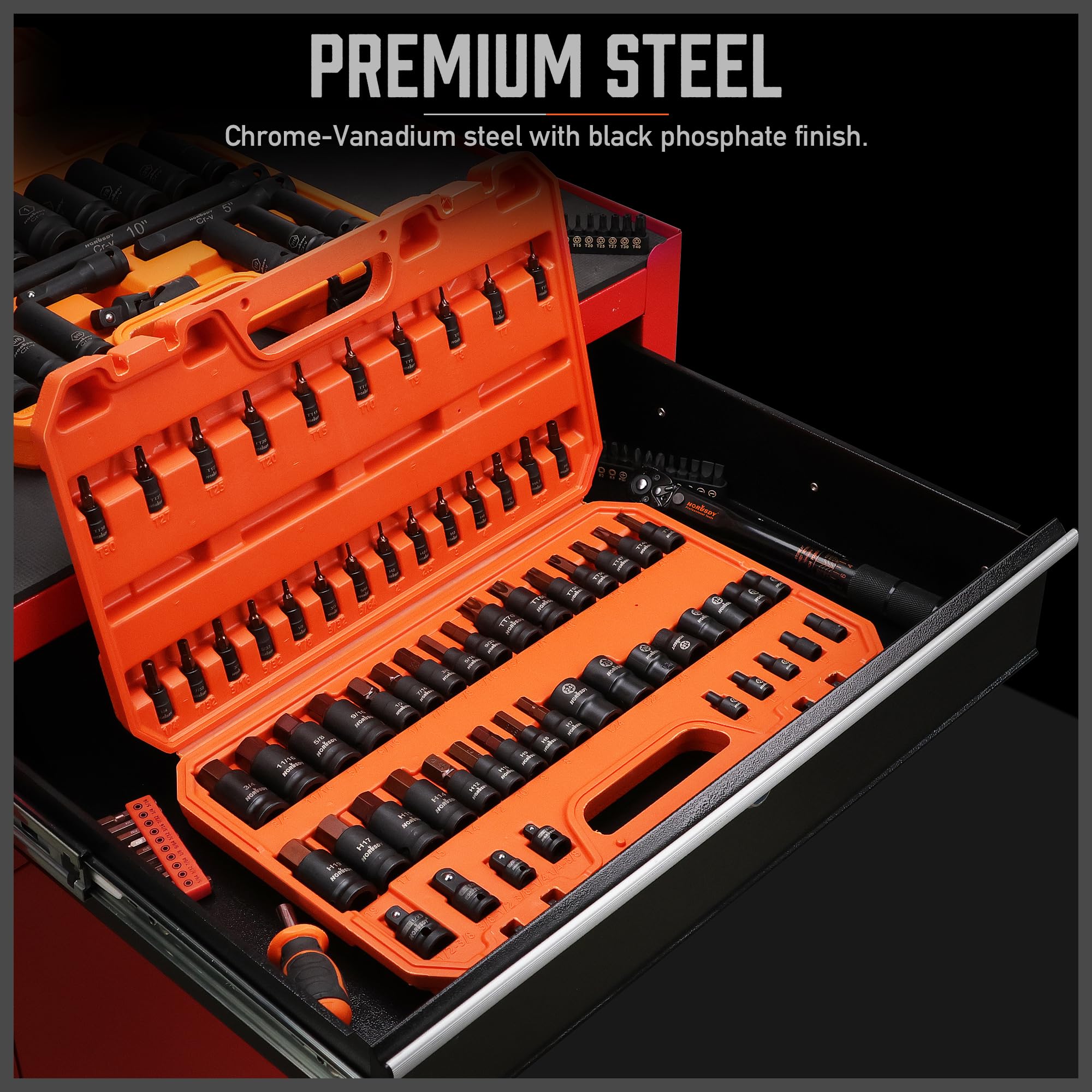 HORUSDY 1/2" Drive Shallow Impact Socket Set, 24-Piece SAE (7/16"-1") and Metric (13-24mm), 6 Point, Cr-V, Includes 1/2-Inch Drive Ratchet Handle, Drive Extension Bar