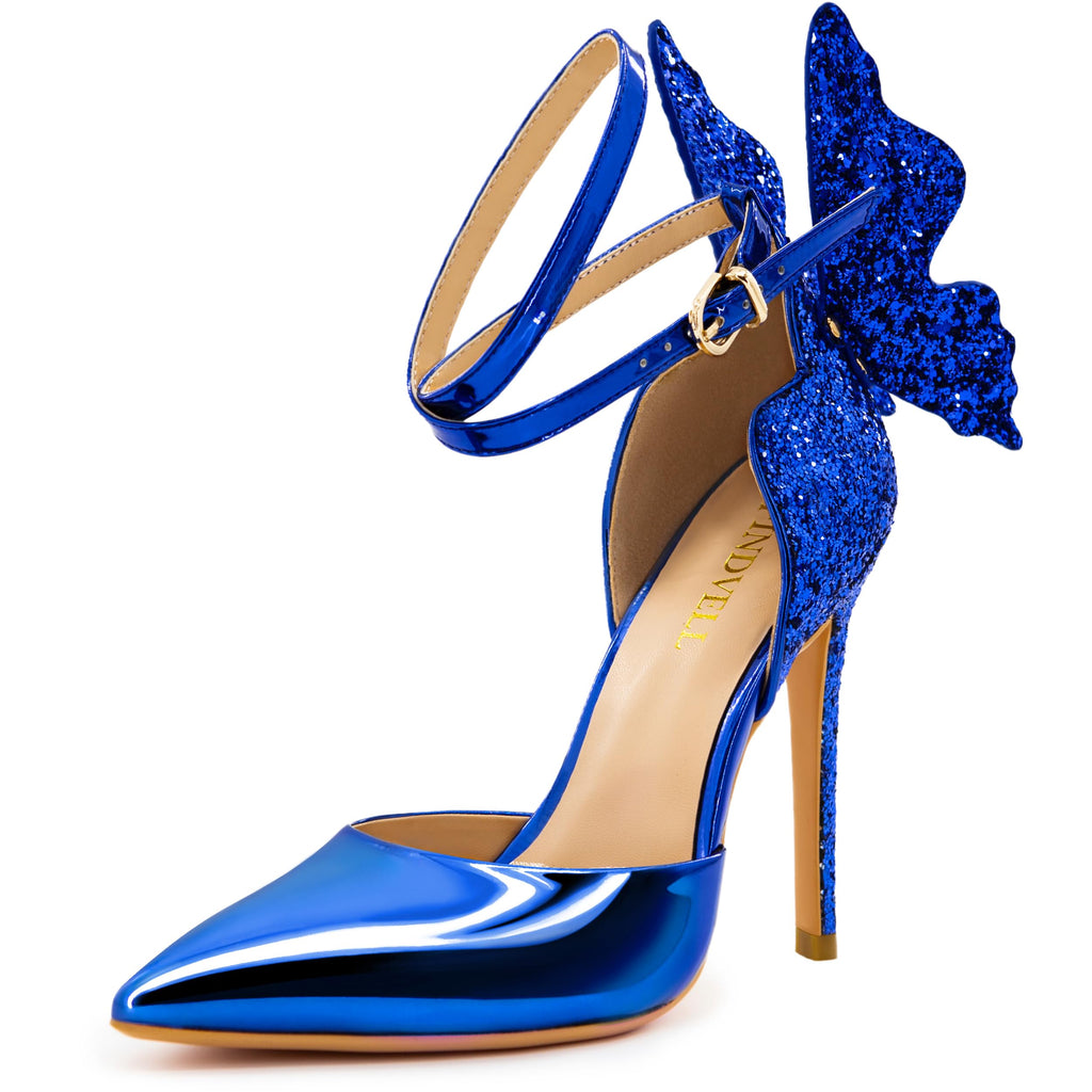 FINDVELL Gold High Heels Butterfly Back Sexy Stiletto Pumps Closed Toe Sparkly Ankle Strap Heels Sandals Dress Shoes for Women