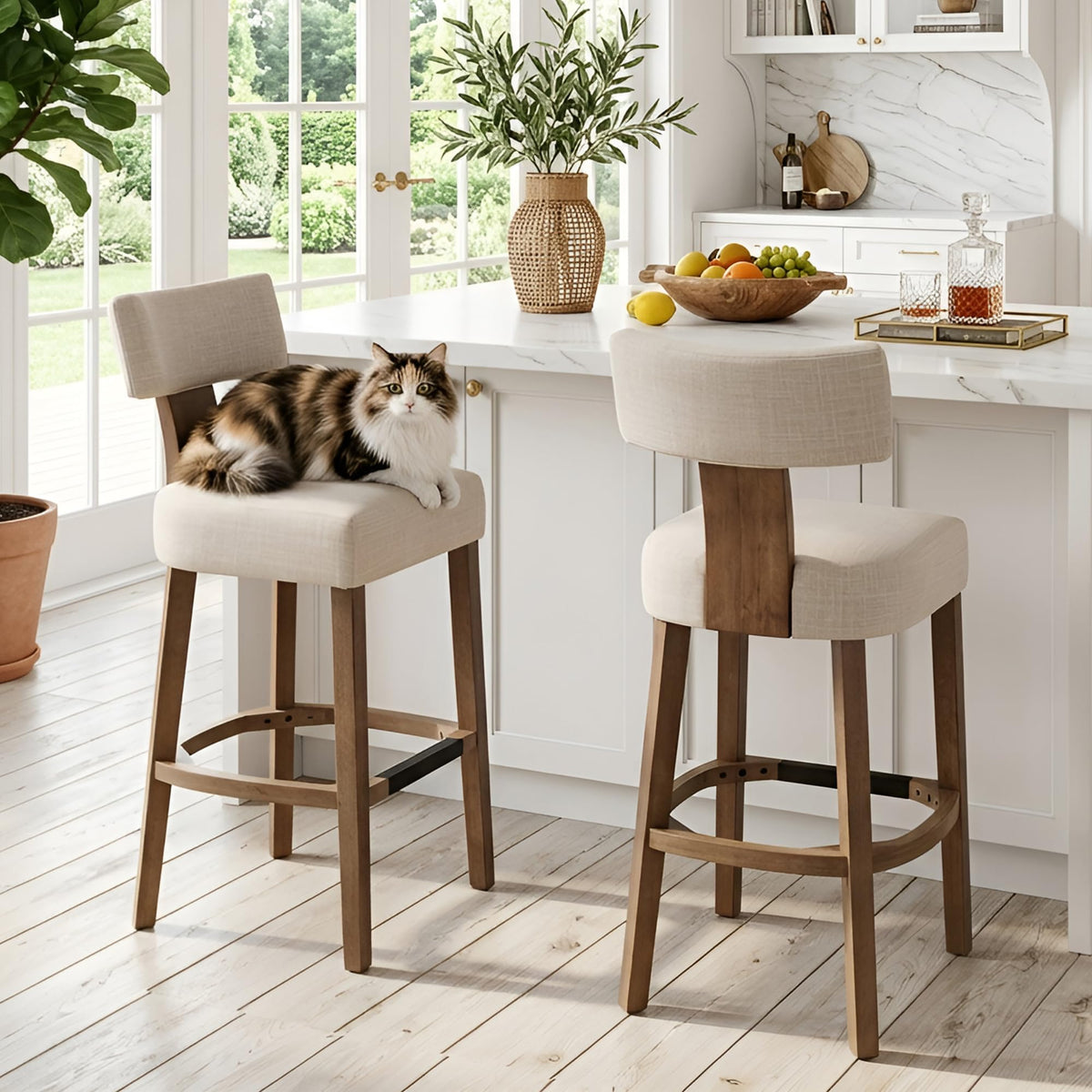 Farmhouse 30'' Extra Tall Bar Stools Set of 2 Modern Counter Height Barstools with Backs Rustic Wood Bar Stools Linen Upholstered Counter Chairs Kitchen Island Stool Chairs with Wood Frame, Beige