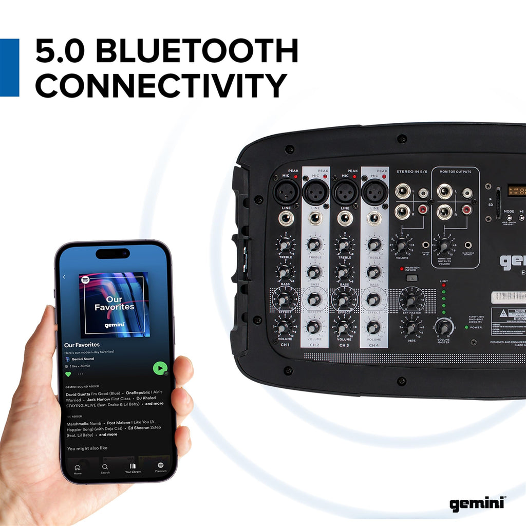 Gemini Dual 10" Powered PA System & Stands, 600W (ES-210MXBLU-ST) | Dual 10" PA with tripod stands - 6-channel powered mixer, 4 mic in - Bluetooth, USB - mic included
