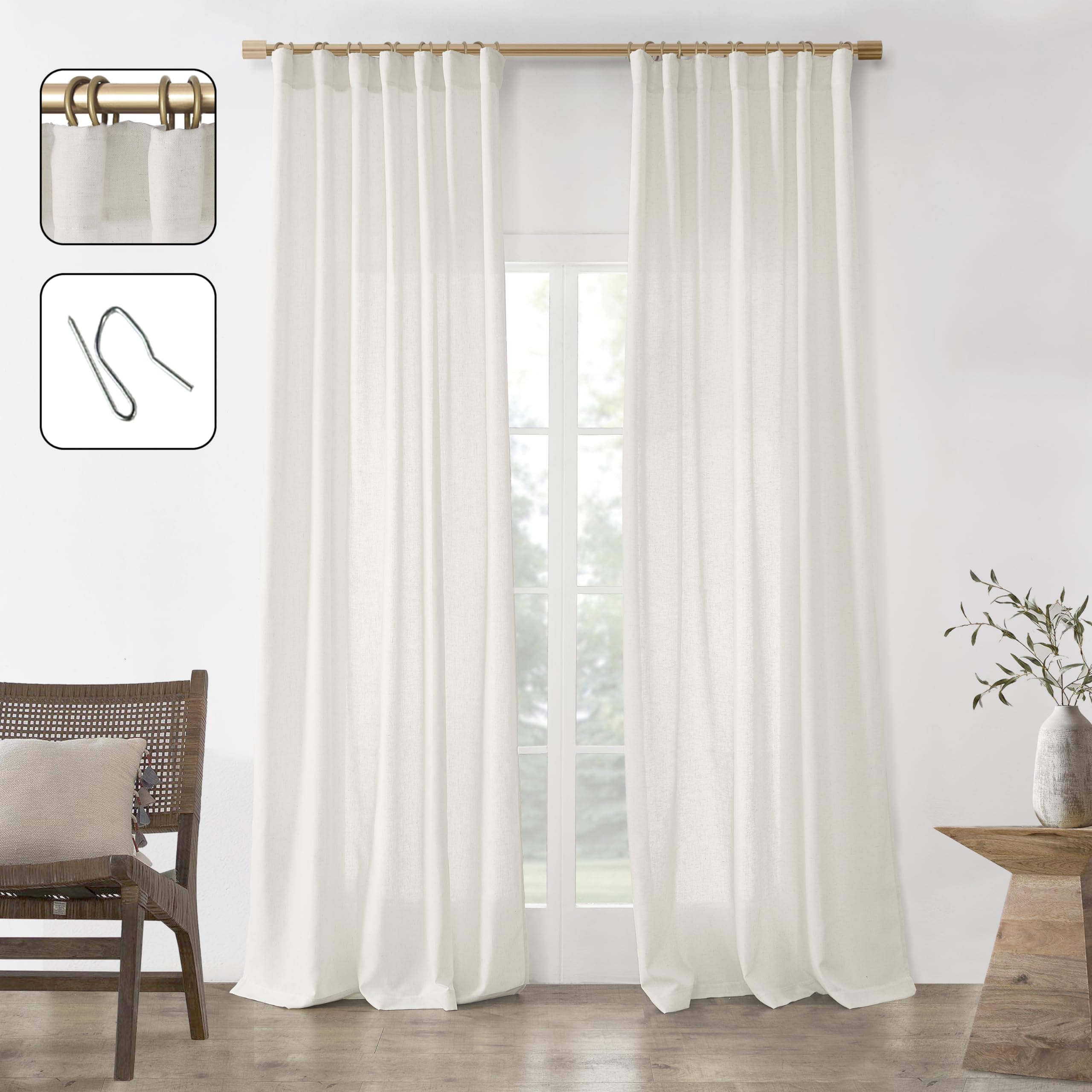 Black Linen Cotton Blend Sheer Curtains, Moody Light Filtering Drapes for Dark Academia Inspired Study Bedroom Living Room, 84 Inch Long 2 Panels Set