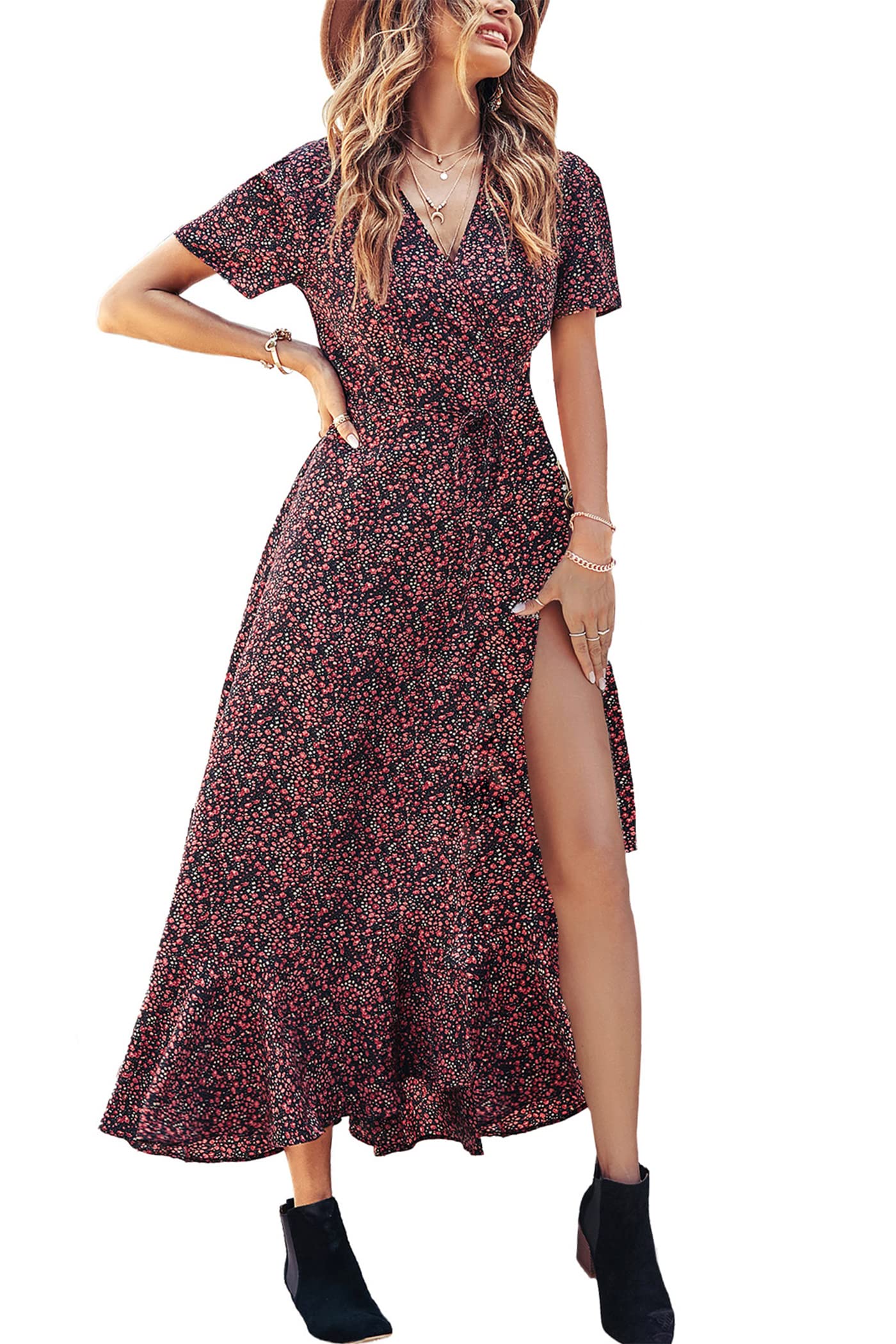 PRETTYGARDEN Women's Boho Floral Maxi Dress Summer Short Sleeve Wrap V Neck Long Flowy Beach Vacation Wedding Guest Dresses