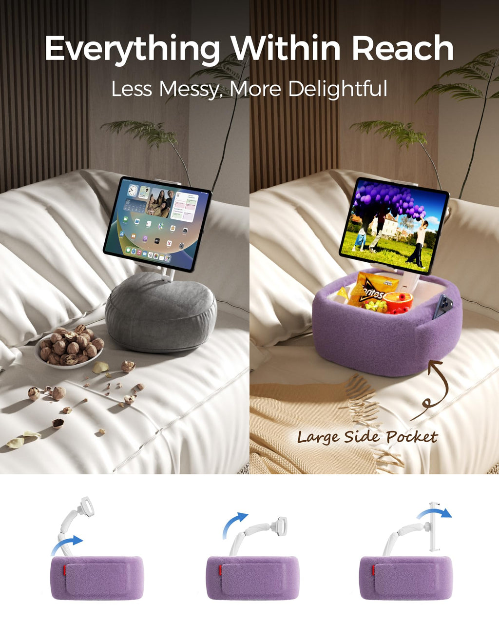 LULULOOK Tablet Pillow Stand, Compatible with iPad, iPhone and 4.7-14.6”Tablet, 360° Adjustable Kindle Pillow Stand for Bed with Ultra Fluffy Fabric & Snack Bowl (Cloudy White)