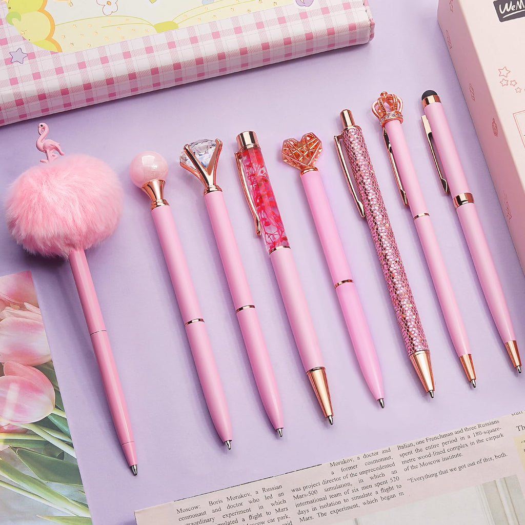 WEMATE 8Pcs Ballpoint Pens Set Metal Crystal Diamond Pen Glitter for Journaling Black Pen Bling in Black & Blue Ink Pretty Cute Pens Fancy Pens Gifts for Women Wedding School Office Desk(Black)